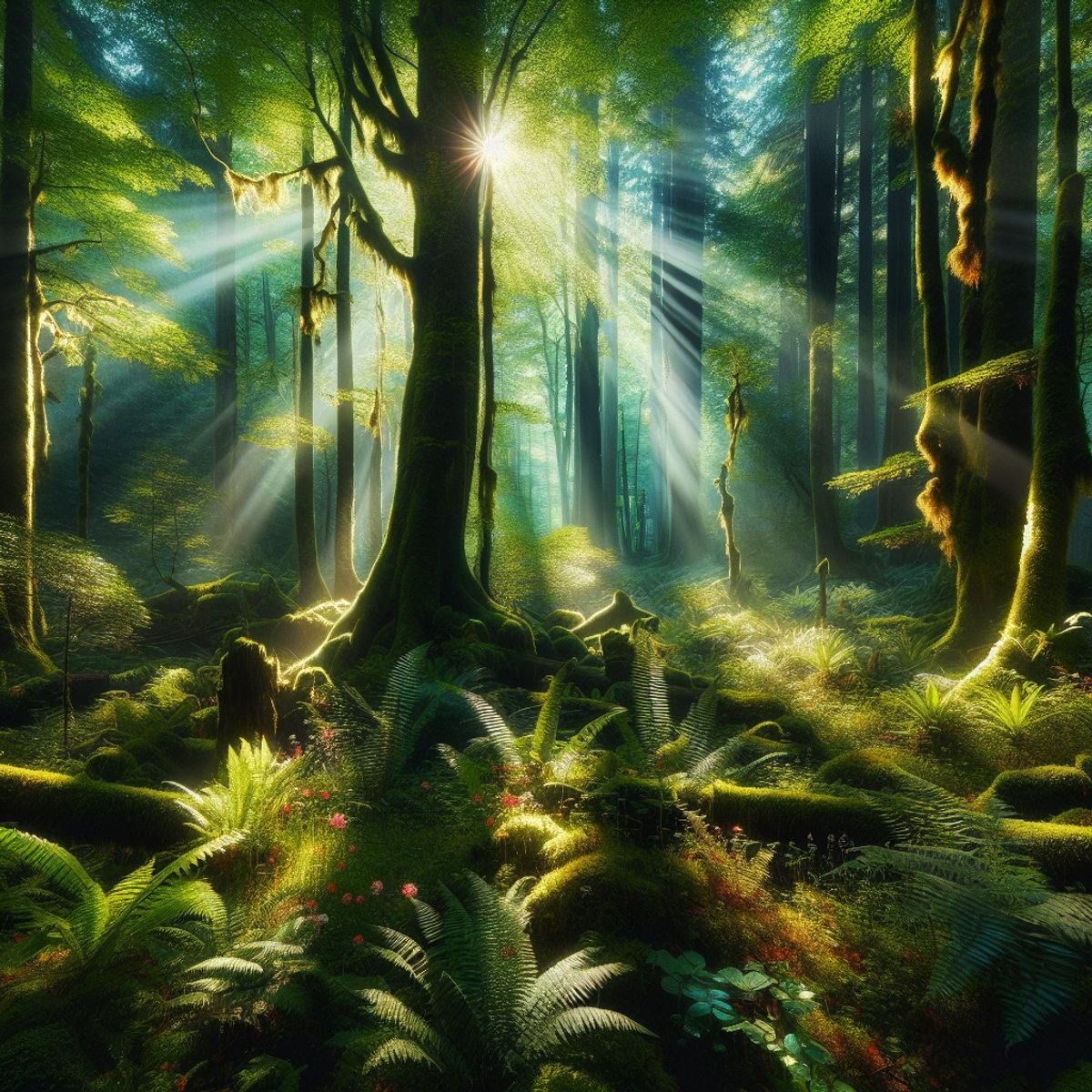 A lush, verdant forest with sunlight filtering through the canopy, creating a magical and ethereal atmosphere. Tall trees, ferns, mosses, and wildflowers adorn the forest floor.