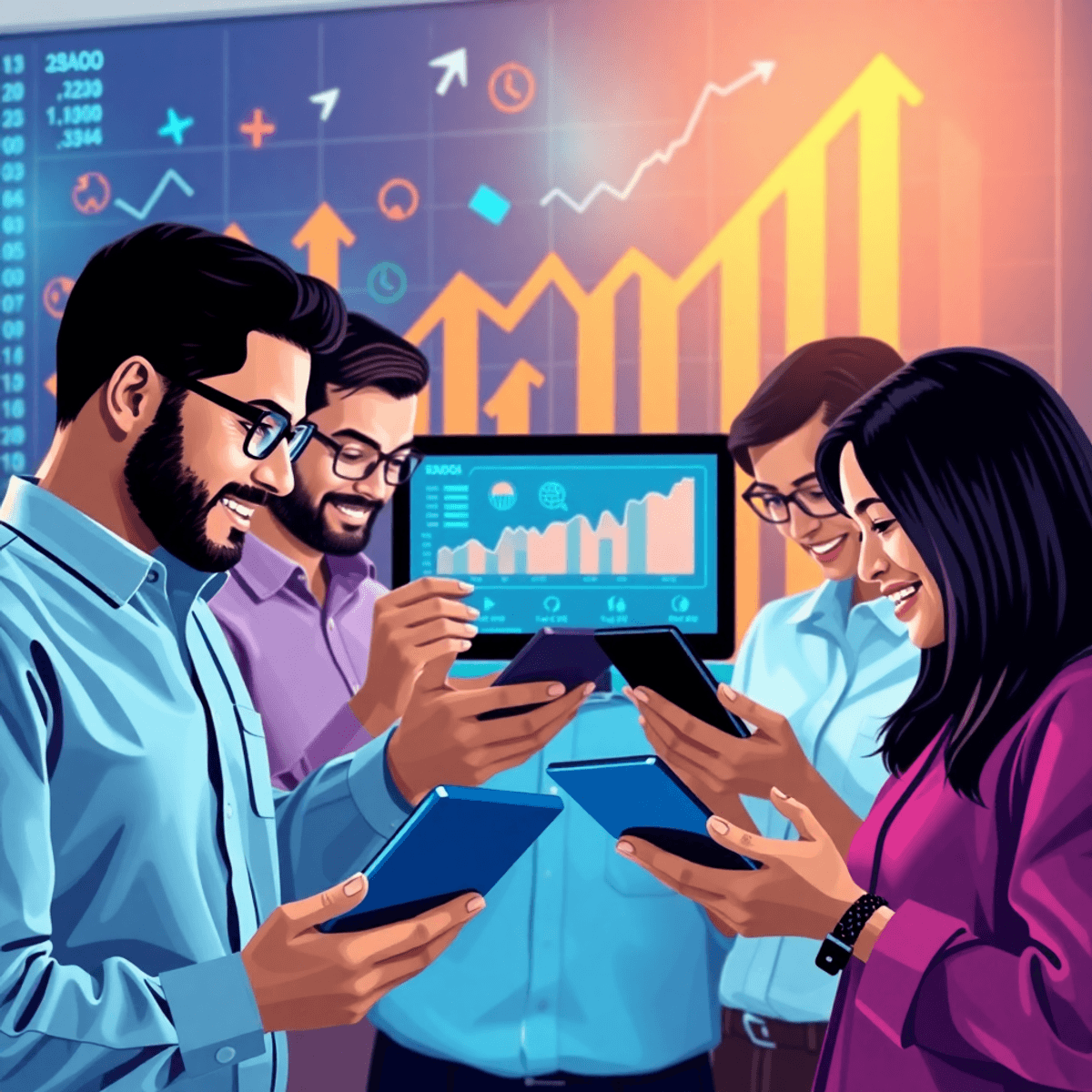 A diverse group of people engaging with digital devices, analyzing stock market graphs and charts, set against a vibrant background of upward trending lines and growth icons.