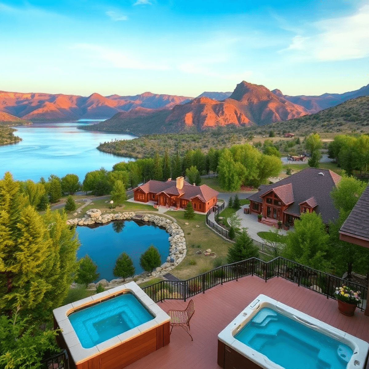 Una vista escénica del Lago Canyon con casas de lujo, exuberante vegetación y un lago sereno que refleja el cielo, con una terraza que cuenta con un jacuzzi y una zona de picnic.