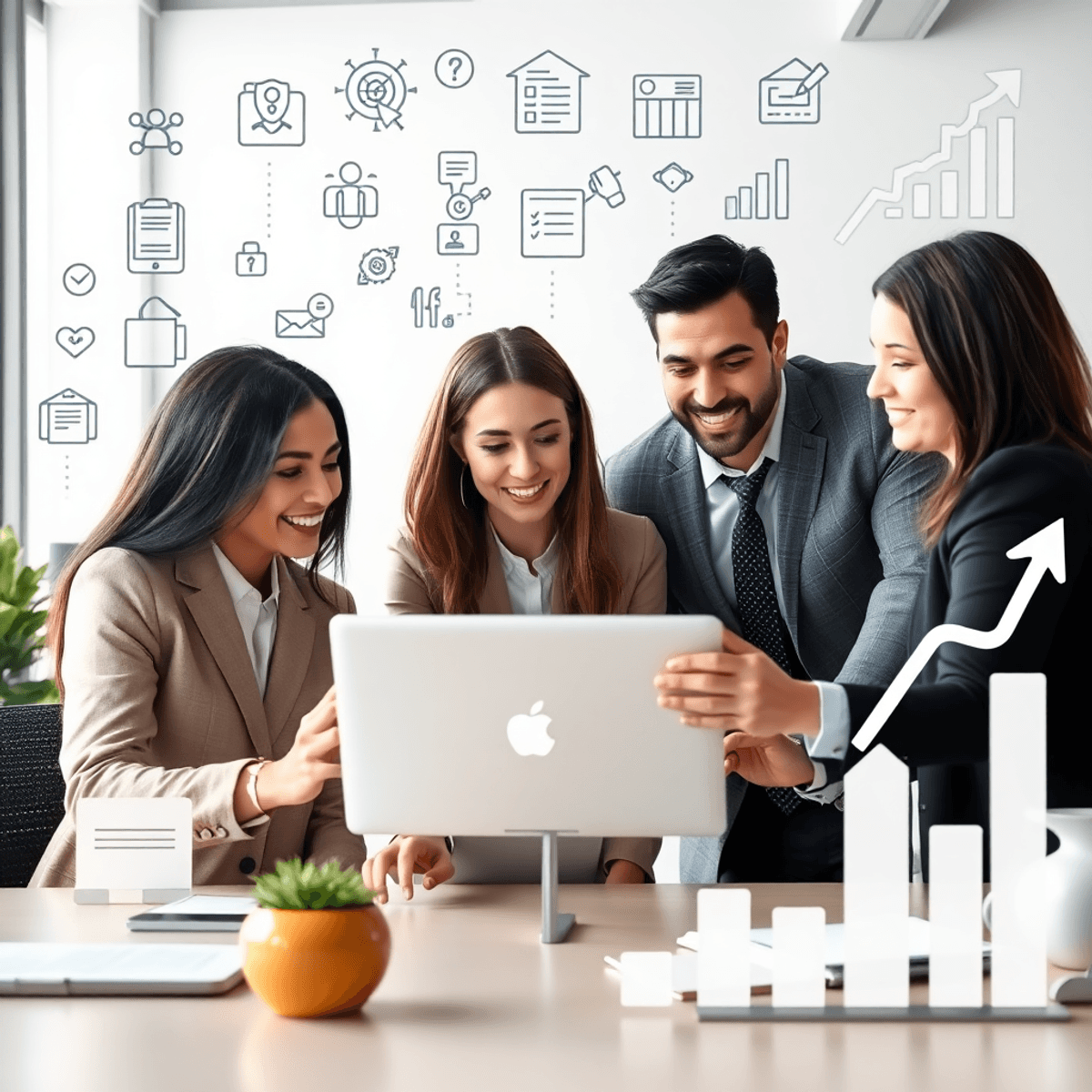 Team of professionals collaborating around a laptop in a modern office with digital icons, flowcharts, and growth arrows symbolizing website development and teamwork. Alt text: Small Business Website Developers collaborating on project planning and development.