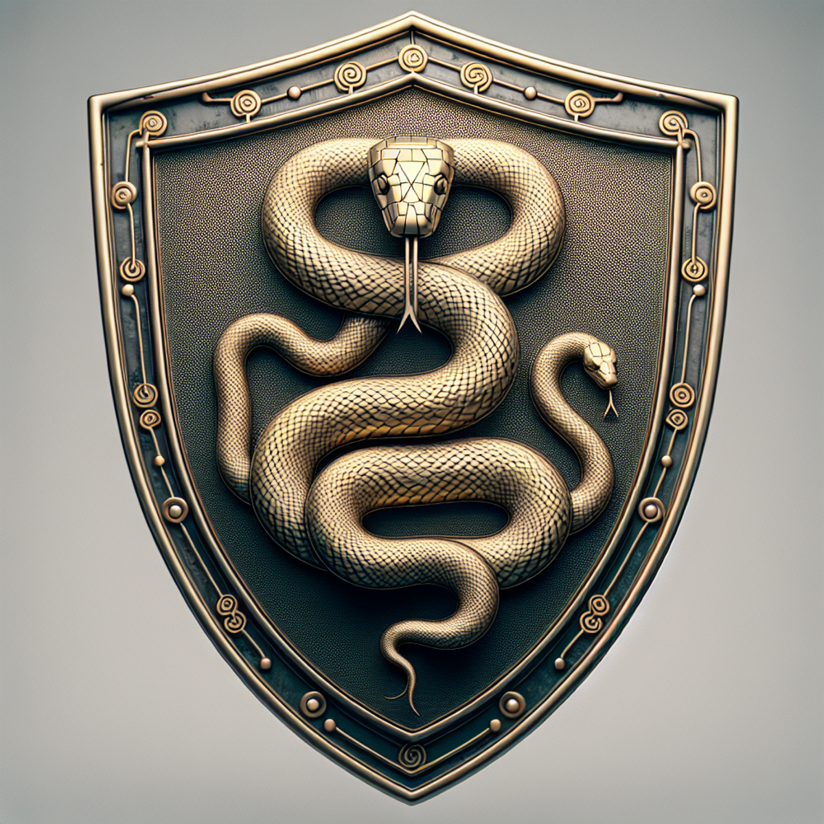 A sturdy shield with an embossed python snake intertwined in a realistic style.