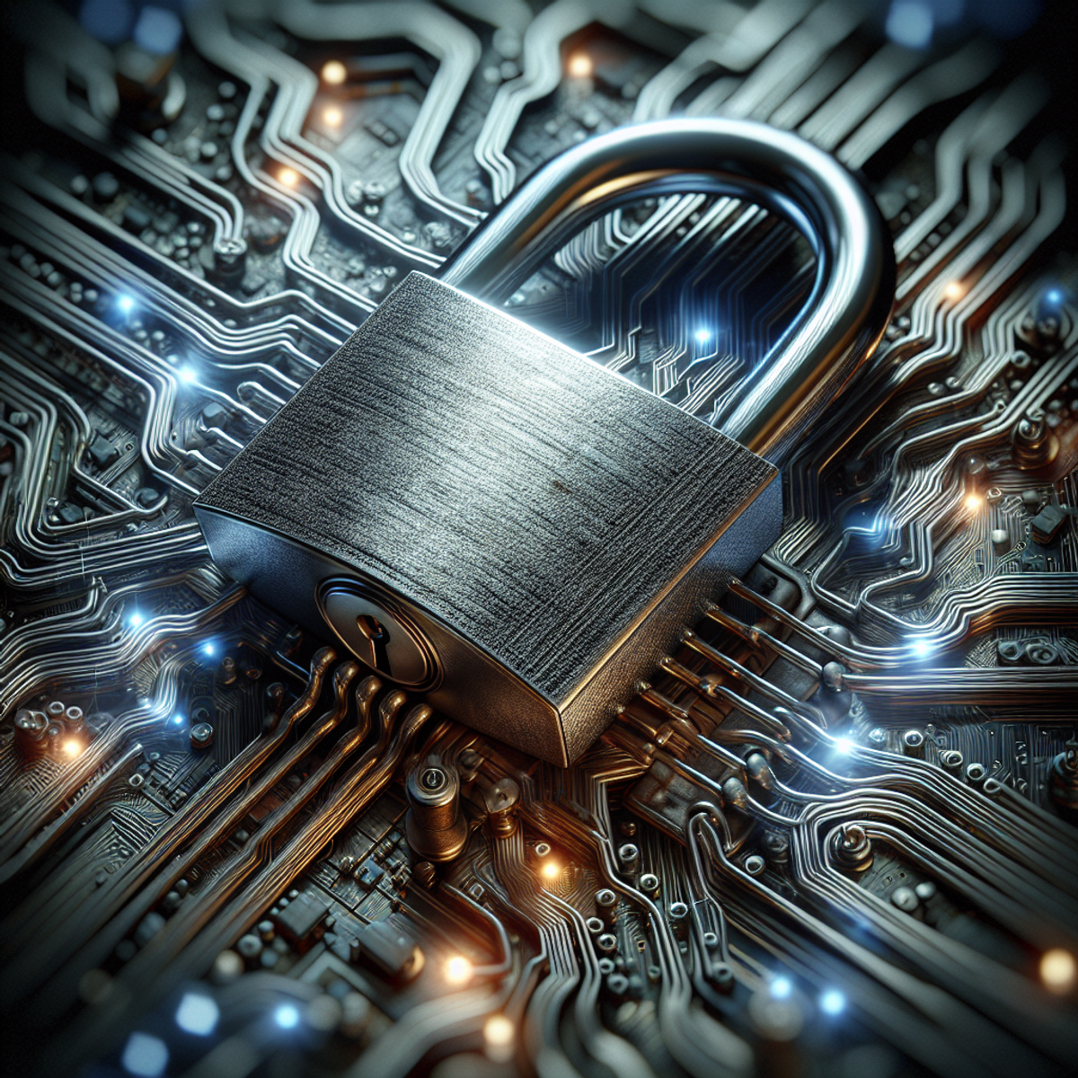 A close-up photo of a shiny metal padlock with a backdrop of intricate circuitry and glowing lights, symbolizing cybersecurity.