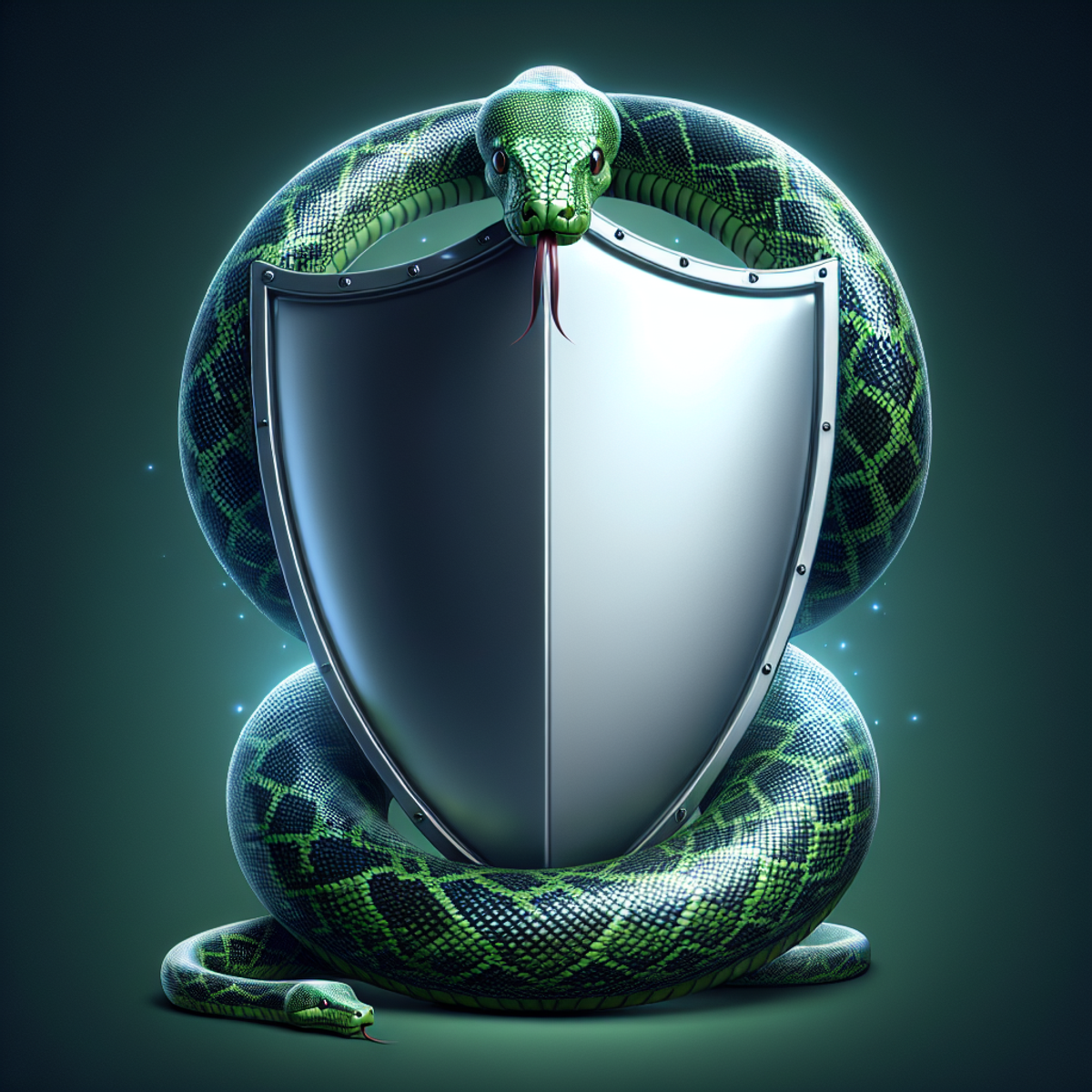 A steel shield with a protective Python snake coiled around it.