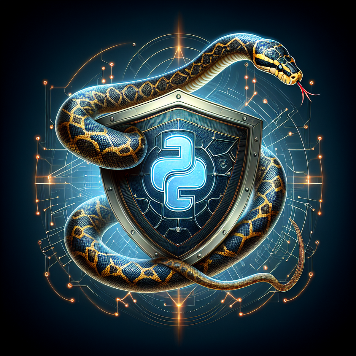 A coiled python snake wrapped around a shield symbolizing cybersecurity automation.