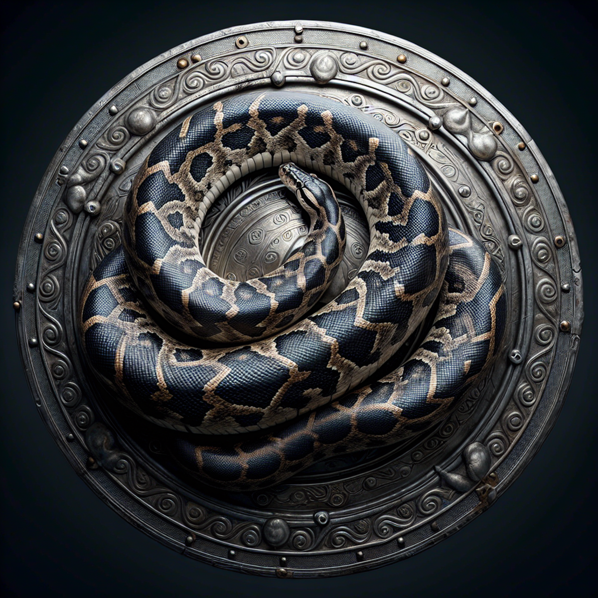 A large python snake tightly coiled around an ancient, circular metallic shield with intricate patterns etched into its surface.