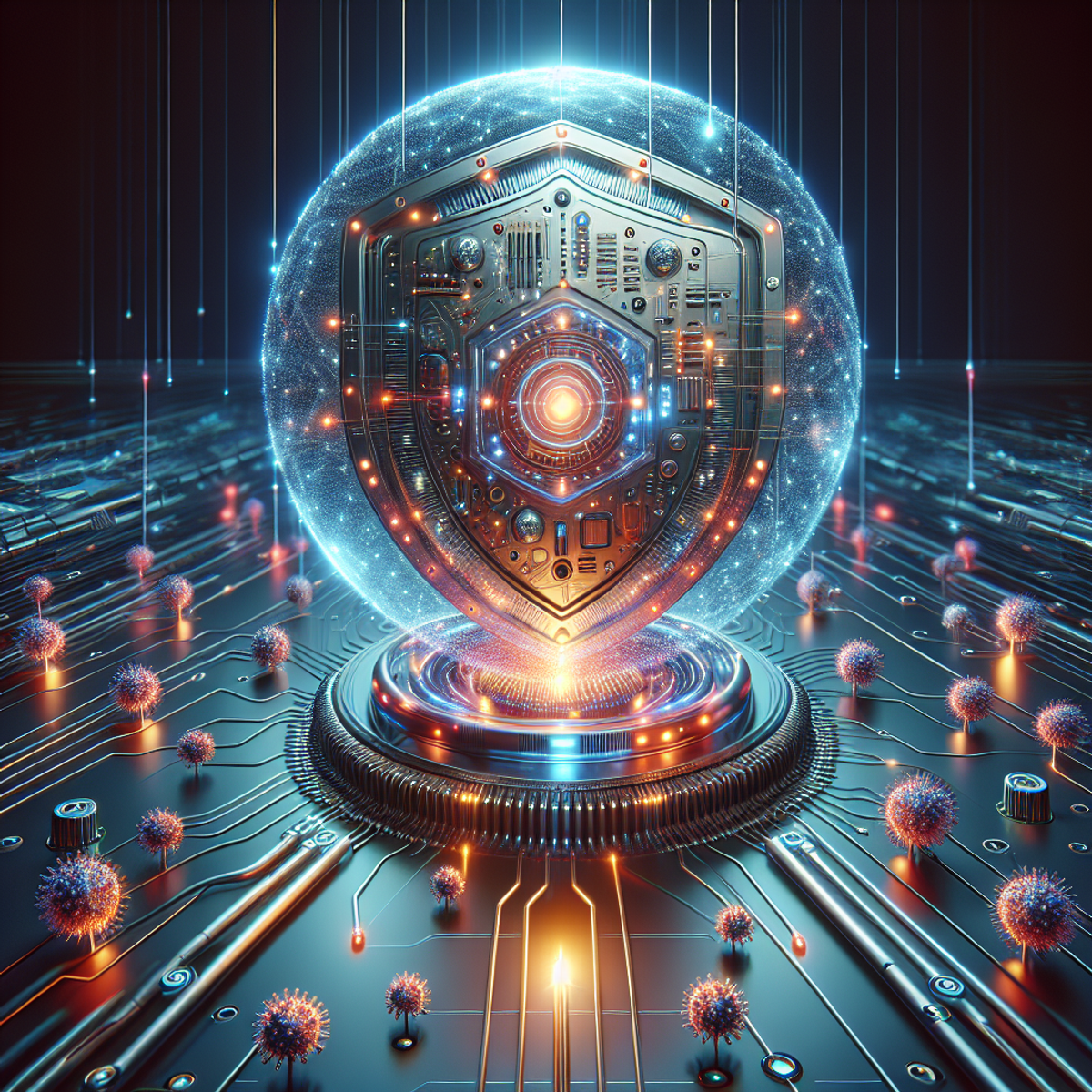 A glowing digital shield protects a complex machine learning system from cyber attacks, with intricate circuits and pulsating lights encapsulated within a sturdy casing, while virus-like symbols loom menacingly.