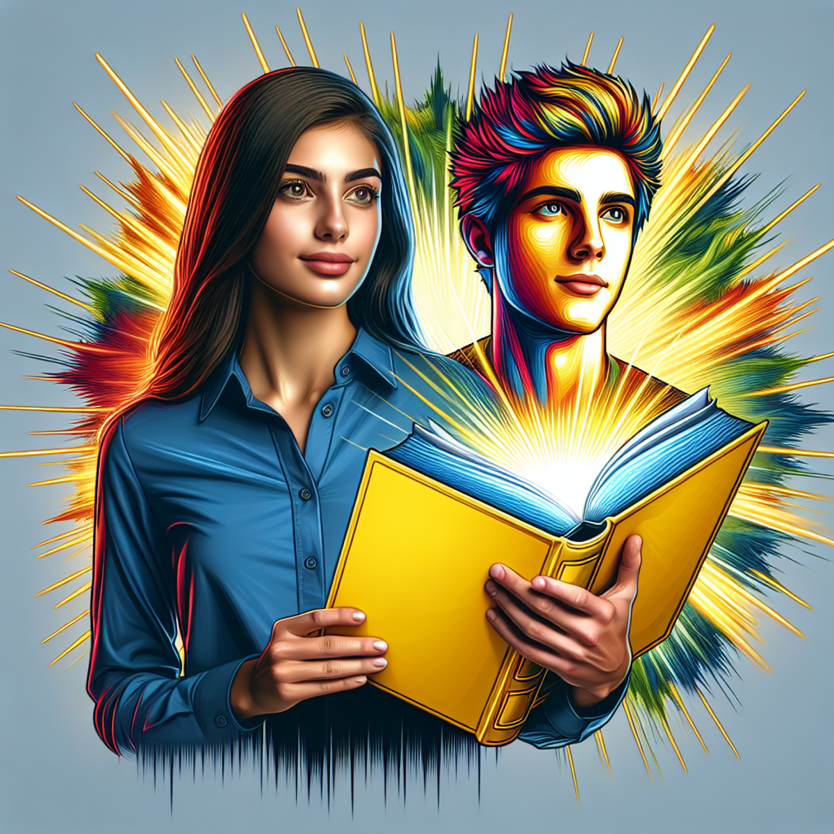 A confident student holding a bright yellow study guide book with rays of light emanating from it, expressing pride and confidence in academic pursuits.