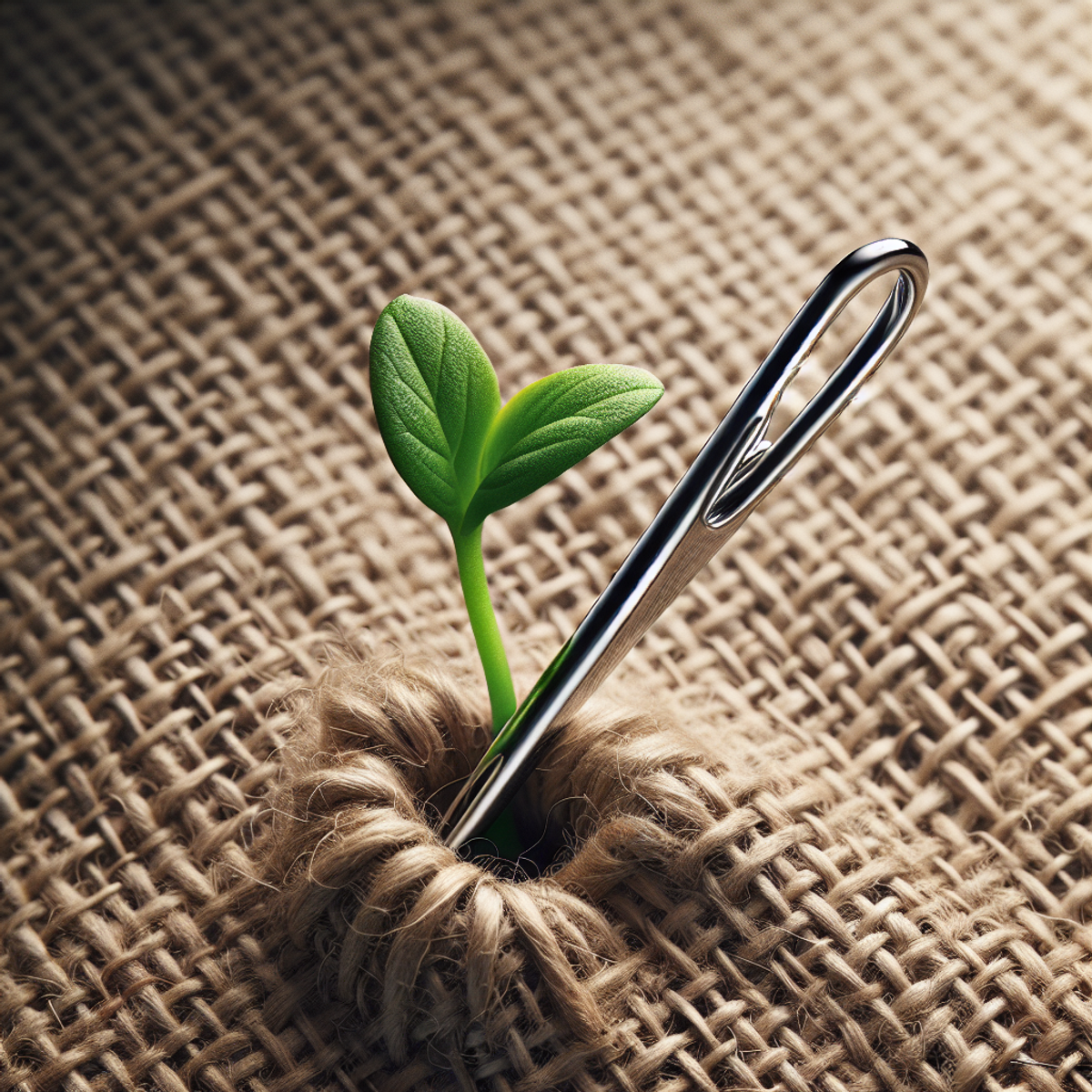 A sewing needle piercing through burlap with a green sprout emerging from its eye.