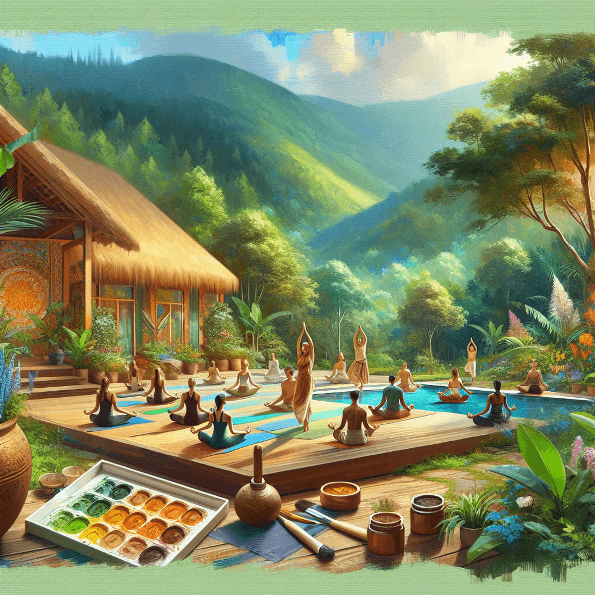 Disha Arogya Dham Labharthi Nirogi Yojana 8 A serene health center surrounded by lush greenery, featuring a diverse group of individuals—Caucasian, Asian, and Hispanic—engaged in yoga and meditation. The atmosphere is tranquil, with soft sunlight filtering through the trees. Medicinal plants are strategically placed around the area, and traditional Ayurvedic instruments like brass bowls and herbal jars are visible. The scene radiates a sense of natural healing and holistic wellness, highlighting the peaceful interaction among participants as they connect with nature and each other.