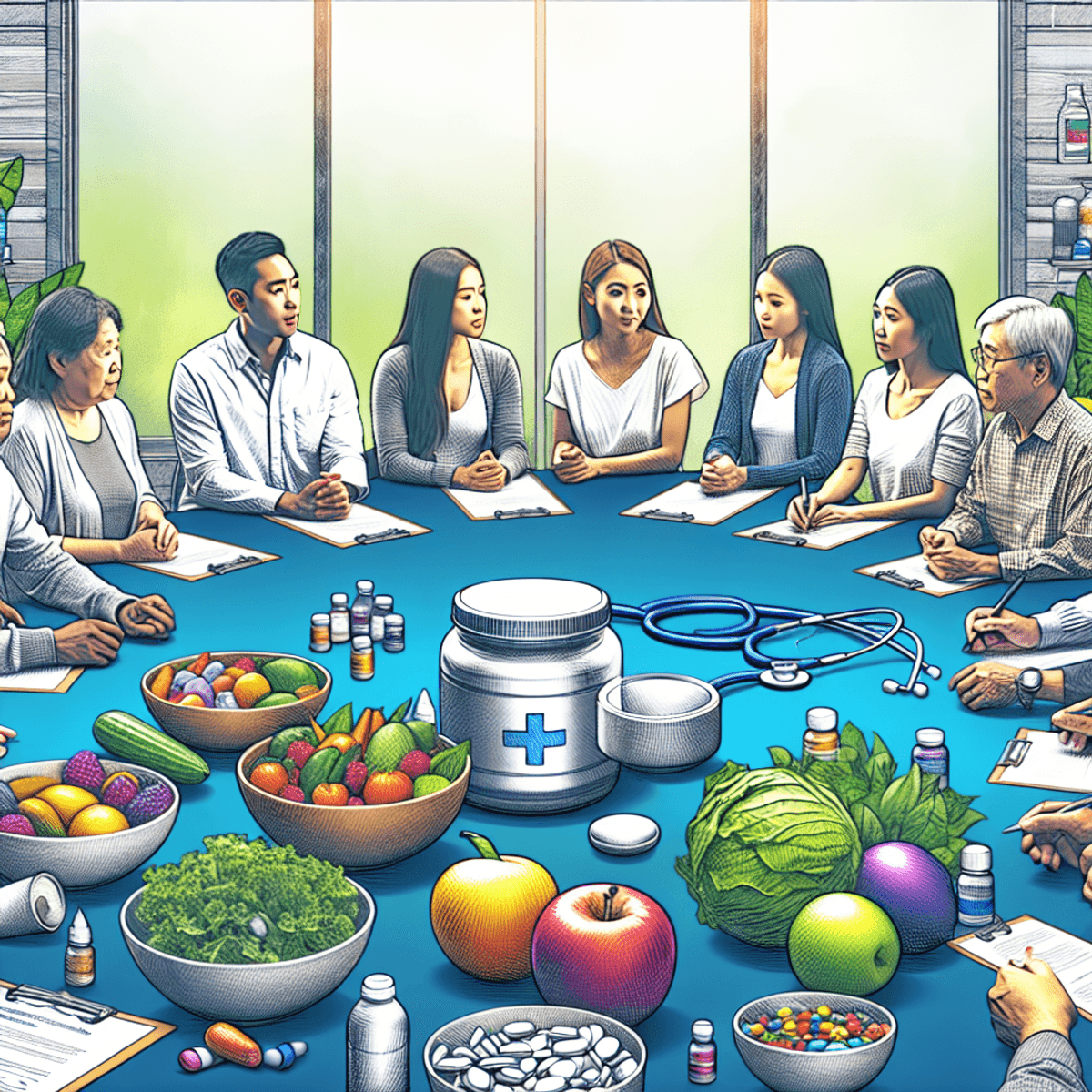 Disha Arogya Dham Labharthi Nirogi Yojana 4 A diverse group of individuals, including Asian and Hispanic descent, gathered in a cozy neighborhood meeting space, engaged in animated discussions about healthcare choices. The setting features comfortable seating arrangements and warm lighting. In the foreground, bowls of colorful fruits symbolize health and wellness, while small medical supplies are subtly placed on a nearby table. The atmosphere is friendly and supportive, reflecting a strong sense of community and collaboration around important health topics.