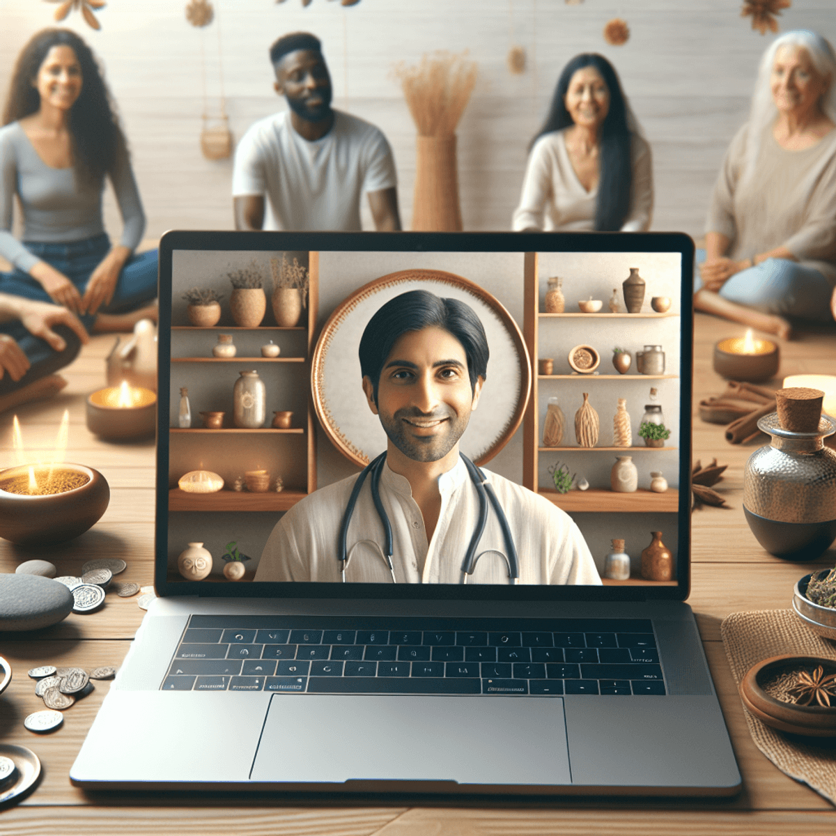 Disha Arogya Dham Labharthi Nirogi Yojana 9 A diverse group of people, including Caucasian, Hispanic, Black, Middle-Eastern, and South Asian individuals, gathered around a laptop for an online Ayurveda consultation. The laptop screen shows a South Asian Ayurvedic practitioner speaking to them. The room is warmly lit and decorated with herbs and wellness tools, creating a cozy and inviting atmosphere that emphasizes community and well-being.