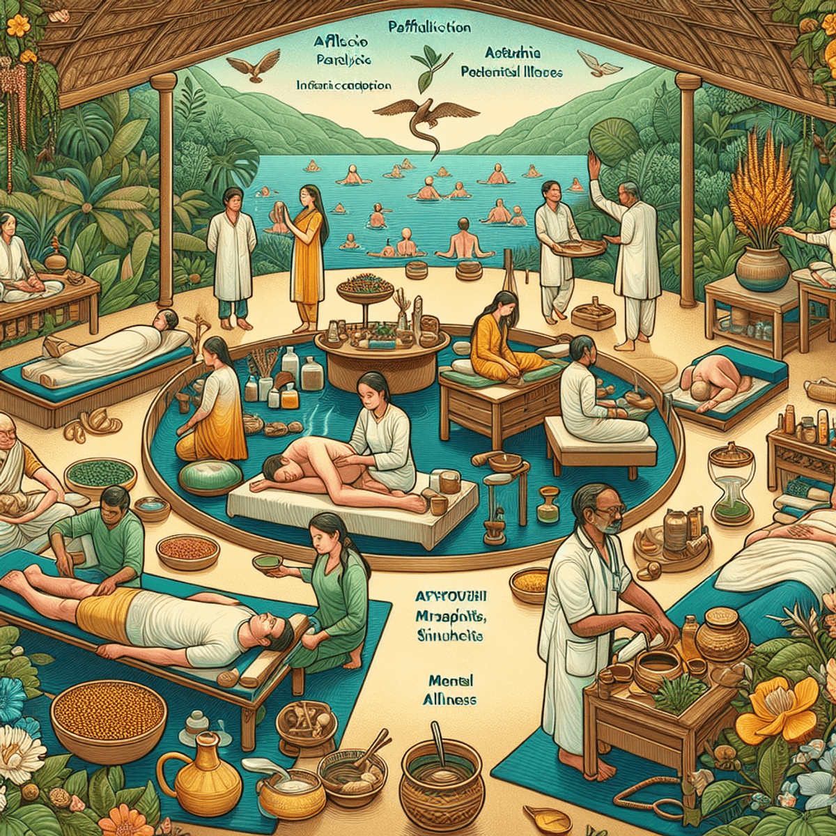 Disha Arogya Dham Labharthi Nirogi Yojana 10 A vibrant digital art illustration of a variety of herbal plants and spices, symbolizing Ayurvedic practices.