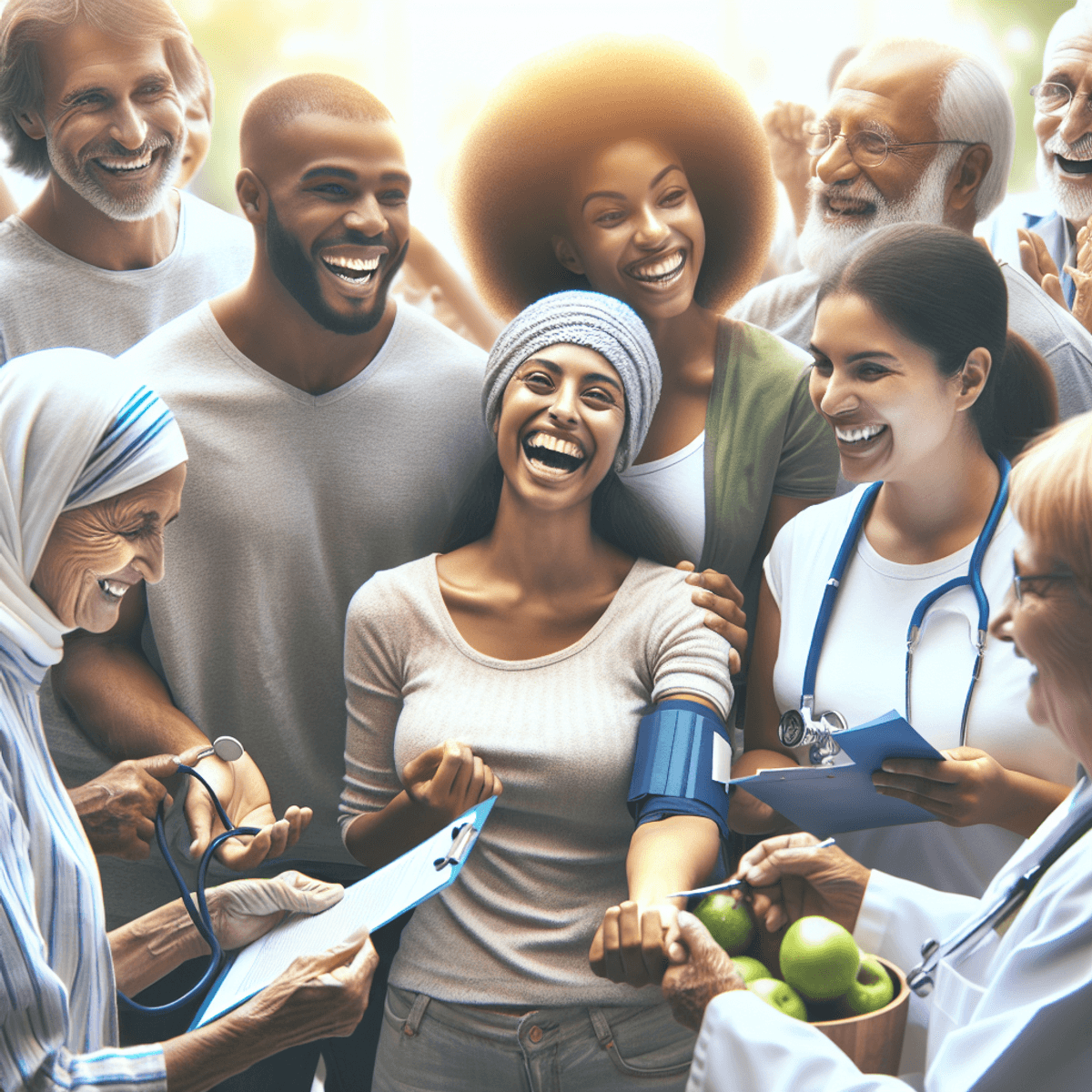 Disha Arogya Dham Labharthi Nirogi Yojana 5 A joyful group of diverse individuals, including Caucasian and Hispanic people, interacts with healthcare professionals from various descents such as South Asian, Middle-Eastern, and Black. They are gathered in a vibrant community setting, smiling and engaging enthusiastically. Healthcare workers are handing out leaflets, putting up wellness posters, measuring blood pressure, and distributing fresh fruits, creating a lively atmosphere that emphasizes the importance of free and comprehensive healthcare solutions. The scene is filled with warmth and positivity, showcasing a holistic approach to health and well-being.