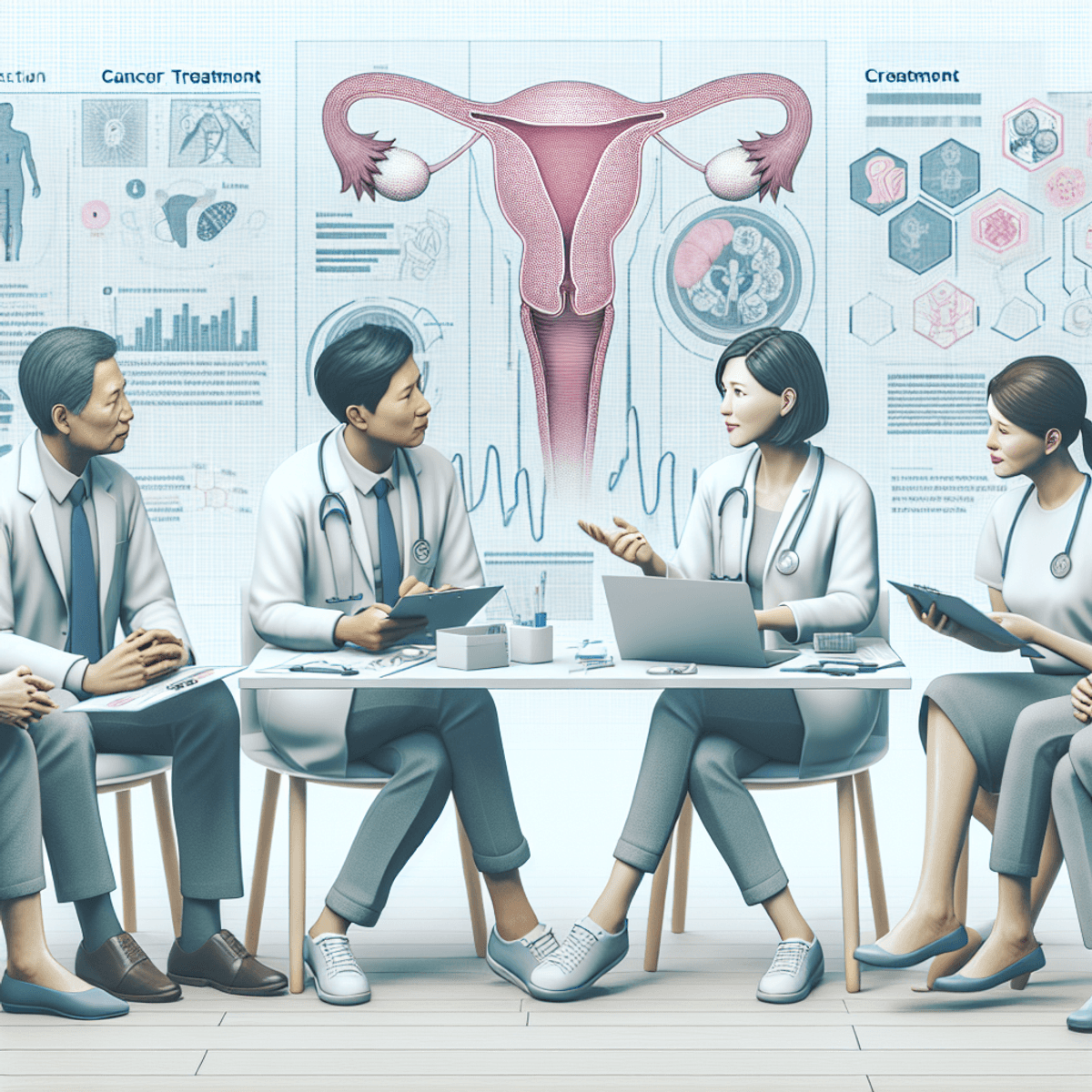 Disha Arogya Dham Labharthi Nirogi Yojana 7 A Caucasian woman and an Asian man, both healthcare professionals, engage in a supportive discussion about treatment options in a modern medical office. In the background, medical charts with symbolic visuals like graphs and diagrams related to cancer treatment create a focused atmosphere. The interaction conveys camaraderie as they collaboratively navigate the complexities of addressing uterine cancer.