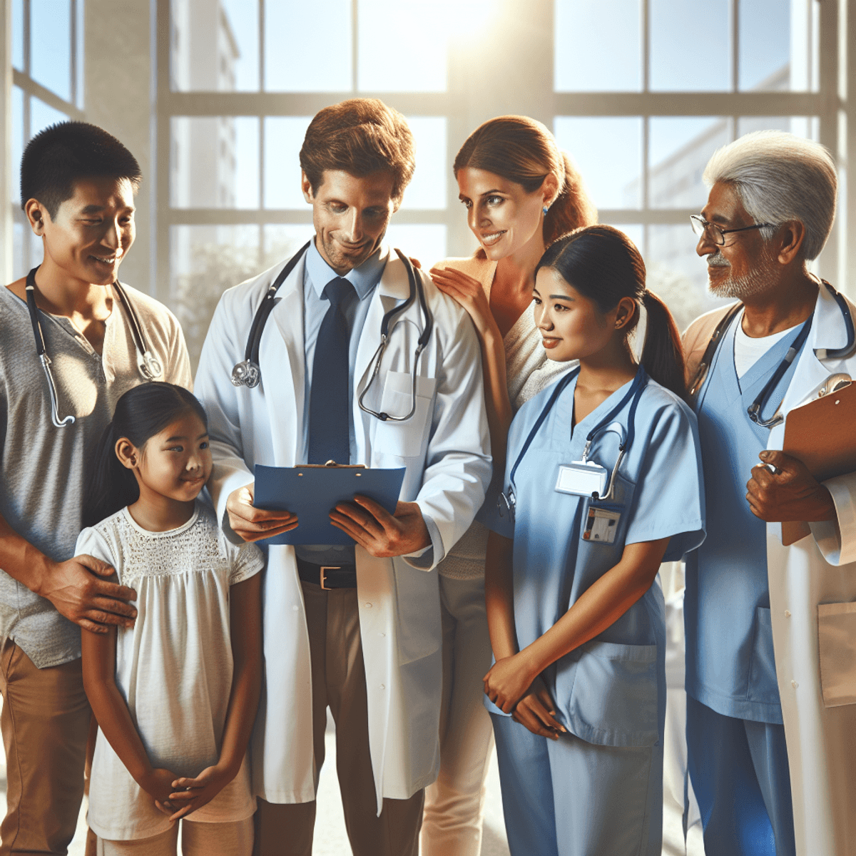 Disha Arogya Dham Labharthi Nirogi Yojana 6 A diverse group of healthcare professionals, including a Caucasian male doctor with a medical chart, a South Asian female nurse with a stethoscope, a Black female lab technician holding test tubes, and an Indigenous male physiotherapist with a clipboard, engage in a discussion with a Hispanic family consisting of a mother, father, teenage daughter, and young son. The scene is set in a bright and welcoming hospital environment filled with sunlight, conveying feelings of hope and support as the team collaborates on treatment plans for serious health conditions.