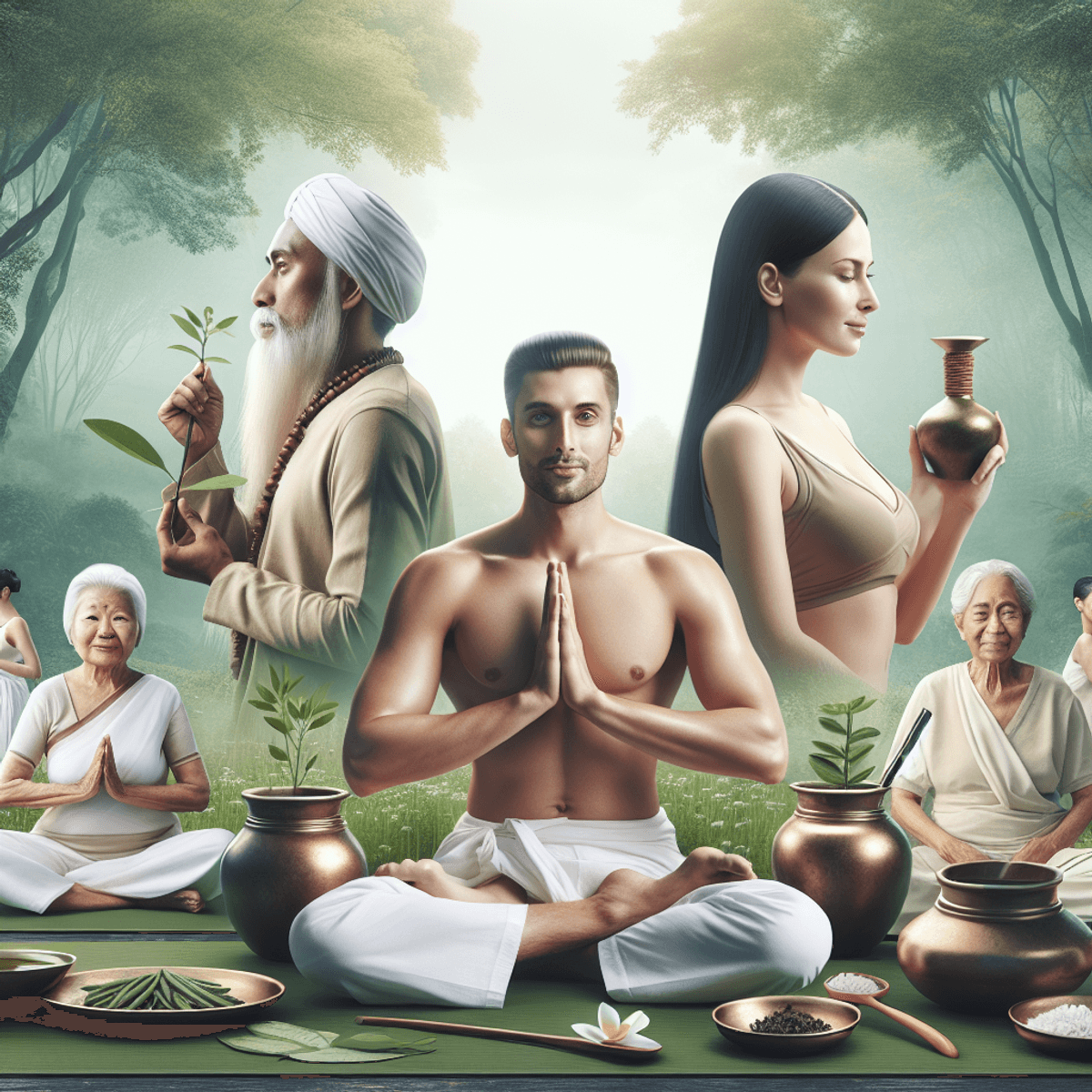 Disha Arogya Dham Labharthi Nirogi Yojana 2 A diverse group of three people engaged in traditional Ayurvedic treatments in a serene outdoor setting, surrounded by lush greenery and whispering trees. A Caucasian male sits cross-legged on a yoga mat, holding a small bowl of herbal concoction. An Asian female is seen applying natural oils to her skin while meditating peacefully. Beside them, a Hispanic elder enjoys a calming tea brewed from herbs, embodying relaxation and wellness. The scene radiates tranquility and holistic health, with elements like essential oils, herbal remedies, and peaceful expressions emphasizing the principles of Ayurveda.