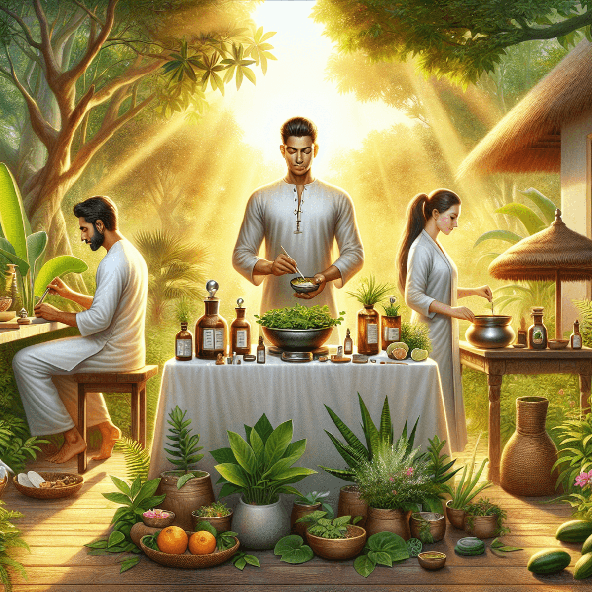 Disha Arogya Dham Labharthi Nirogi Yojana 3 A serene Ayurvedic wellness center surrounded by lush greenery, with a Caucasian male mixing herbal ingredients in a wooden bowl, a South Asian female cooking a colorful, healthy meal on a stove, and a Hispanic male carefully pruning vibrant plants outside. The space is filled with warm natural light, highlighting the peaceful atmosphere and promoting holistic health.