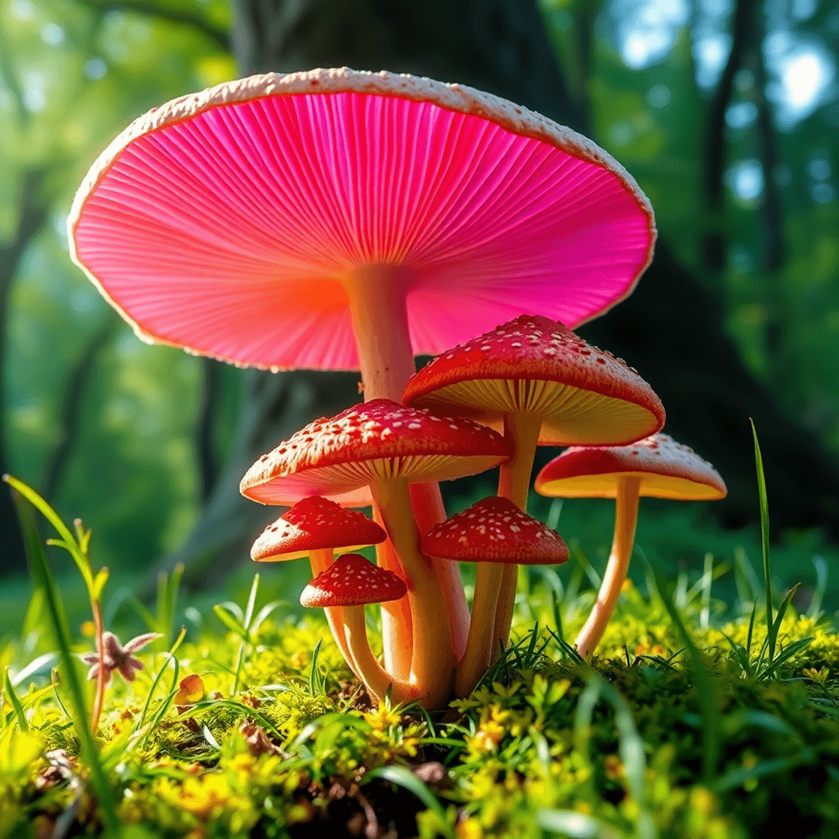 A cluster of colorful magic mushrooms in a lush green forest, with soft sunlight filtering through the trees, creating a serene and inviting atmosphere.