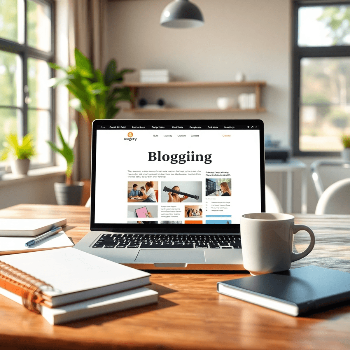 A modern workspace with an open laptop on a desk, surrounded by notebooks, pens, and a steaming coffee cup, illuminated by natural light, creating a creative atmosphere.