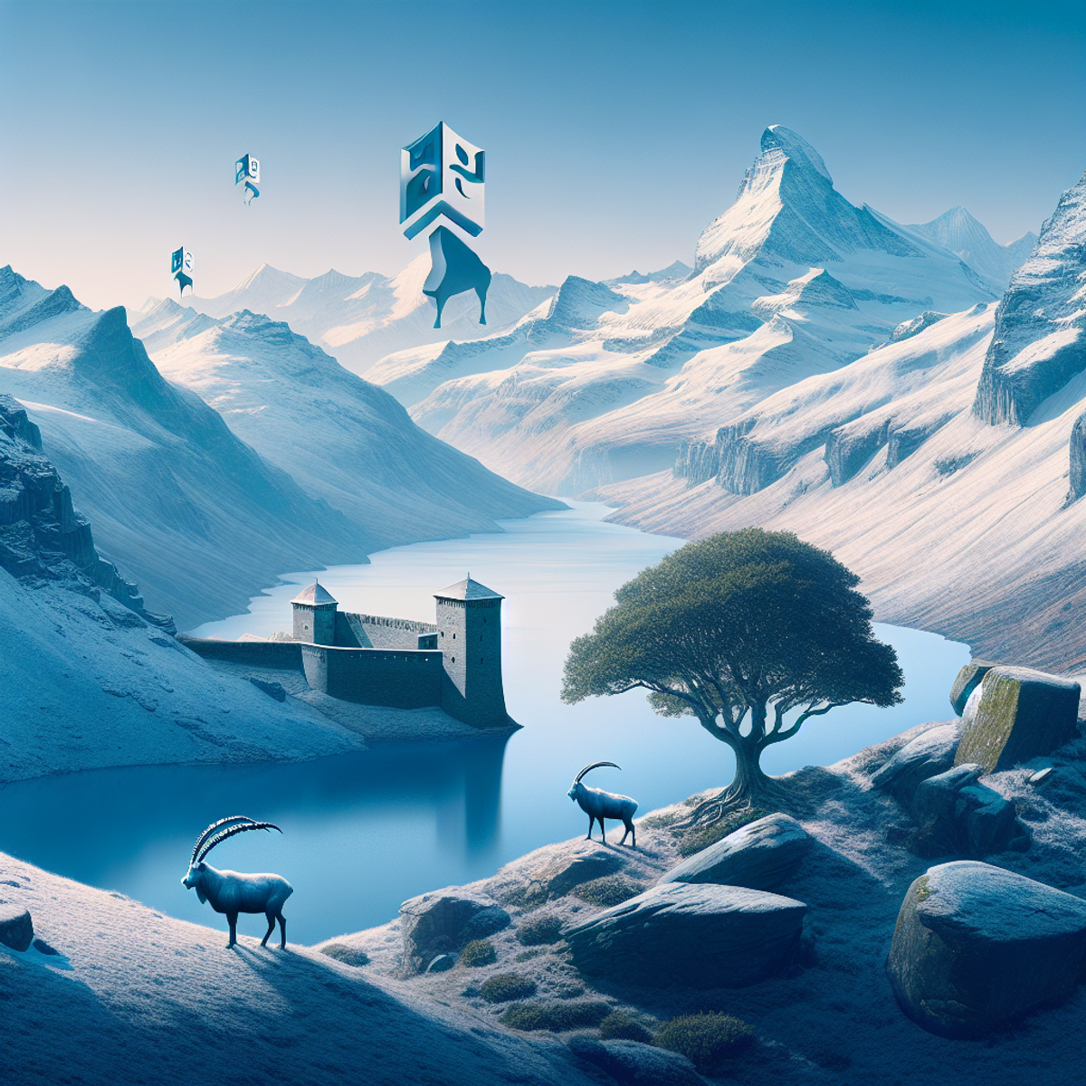 Snow-capped Swiss Alps with a stone fortress, oak tree, and ibex.