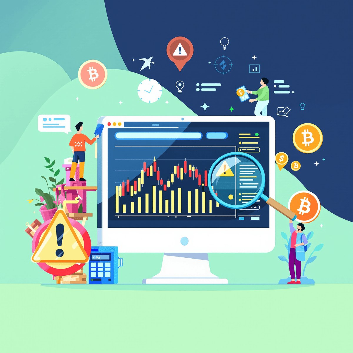 A digital illustration showing a computer screen with cryptocurrency charts and graphs, a magnifying glass over a warning sign, and a bright color palette symbolizing opportunity.