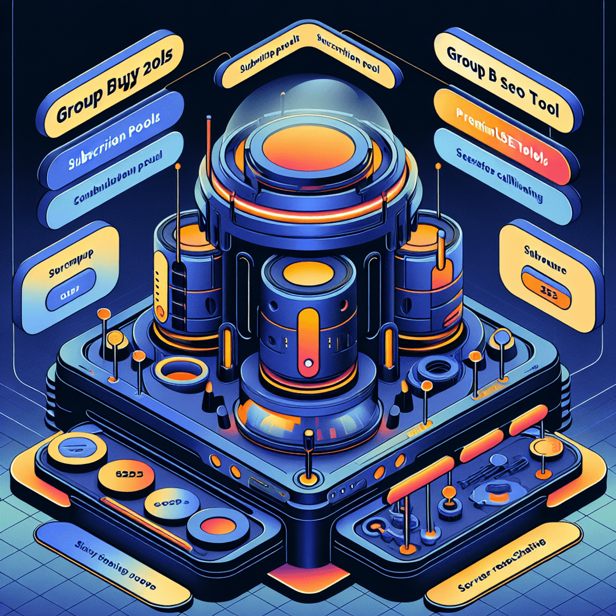 A digital art representation of a toolbox with various SEO-related symbols, such as a magnifying glass, a computer screen, a link chain, and a graph.
