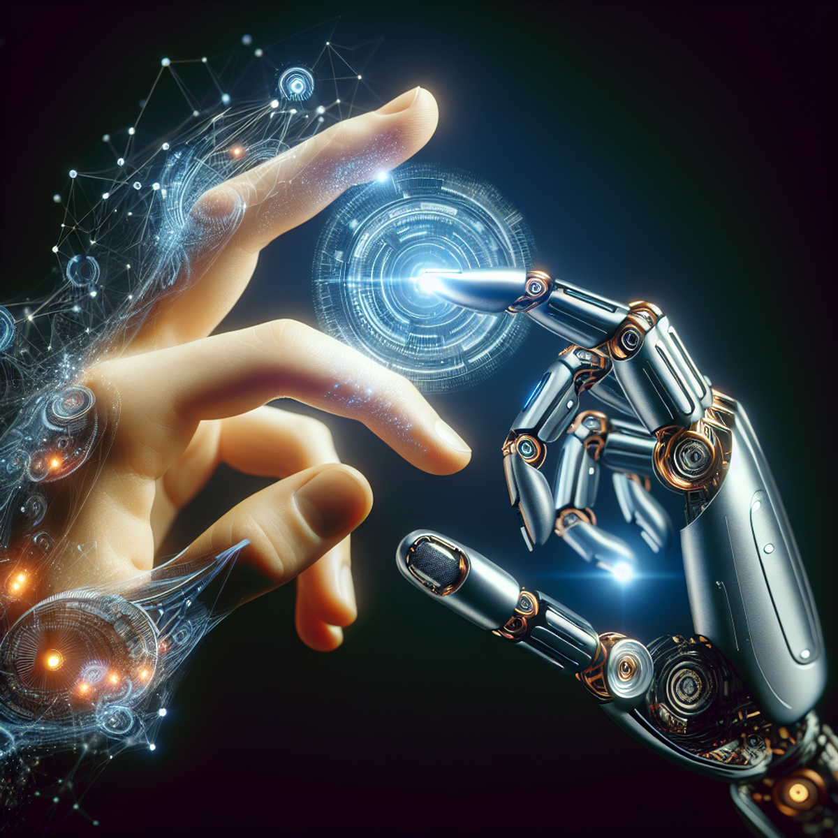 A human hand and a robot hand are reaching towards each other, demonstrating collaboration between humans and AI.