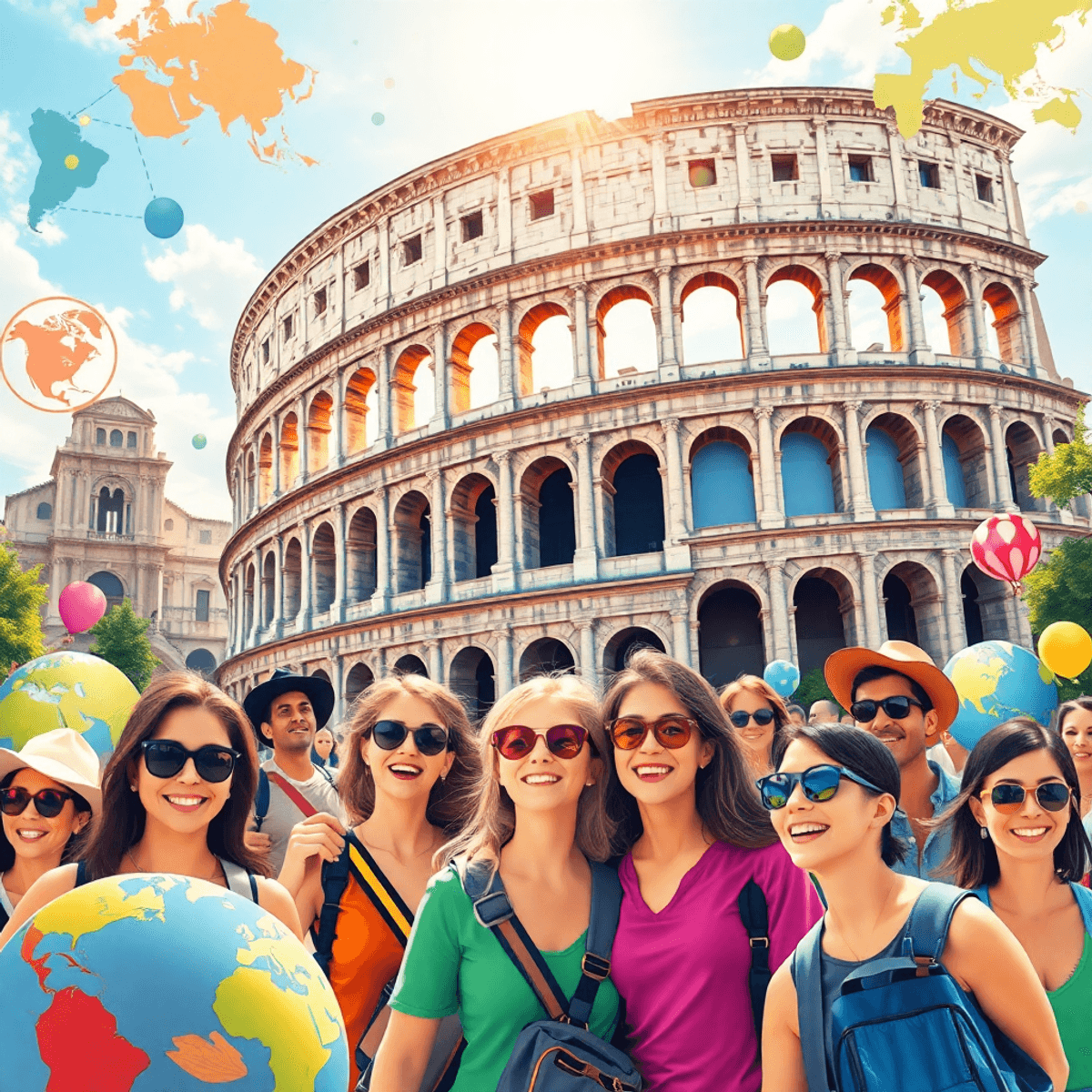 Viajeros felices explorando el Coliseo con globos coloridos, mapas y símbolos abstractos de conexión y crecimiento en una escena vibrante y soleada.