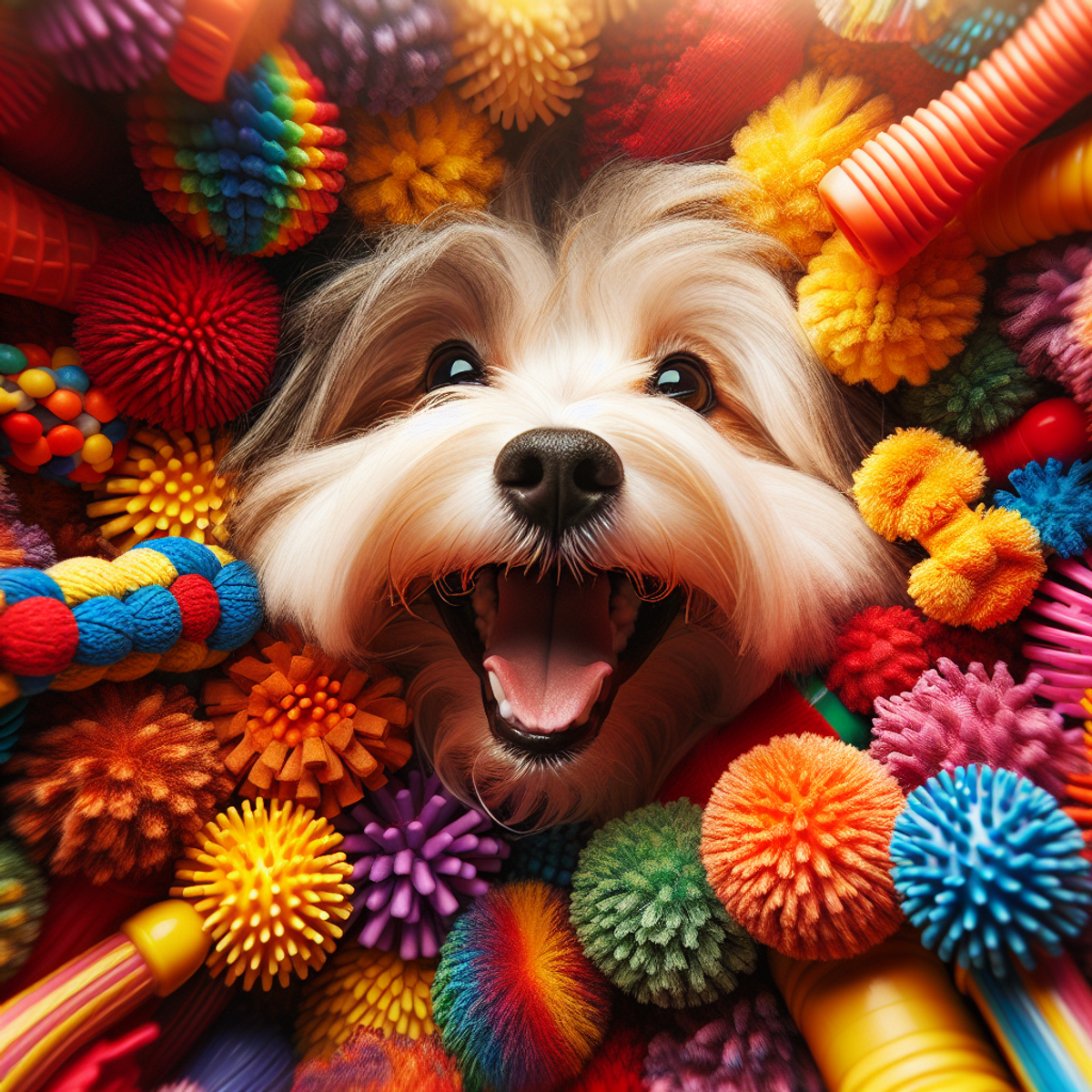 A close-up image of a Havanese dog happily biting into brightly colored chew toys.