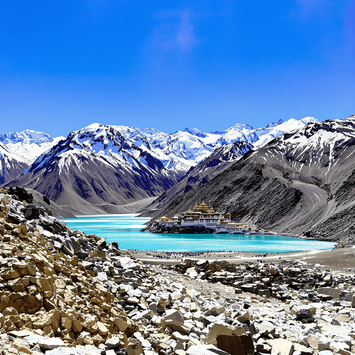 Snow-capped Himalayan mountains, turquoise lake, and a traditional Buddhist monastery in rugged terrain under bright sunlight.
