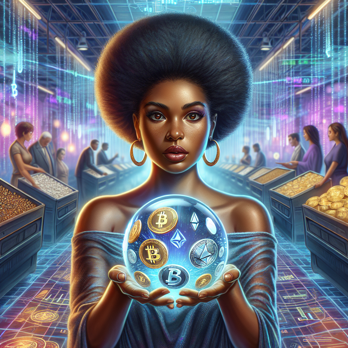 An Afro-Caribbean woman stands in a futuristic market setting, clutching a gleaming crystal ball reflecting varied altcoin symbols.