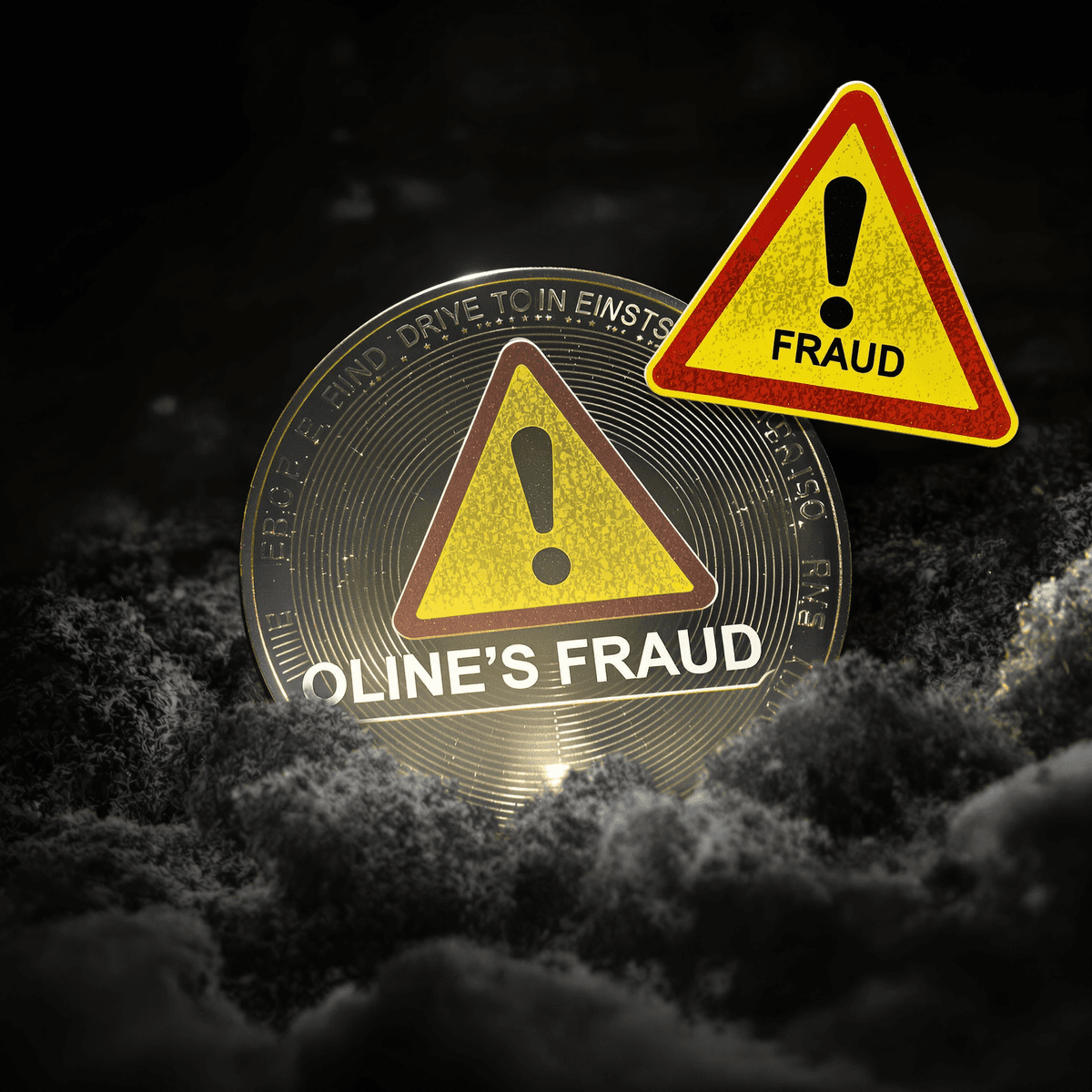 Digital cryptocurrency coin with warning signs against a dark, shadowy background, symbolizing online investment risks and fraud.