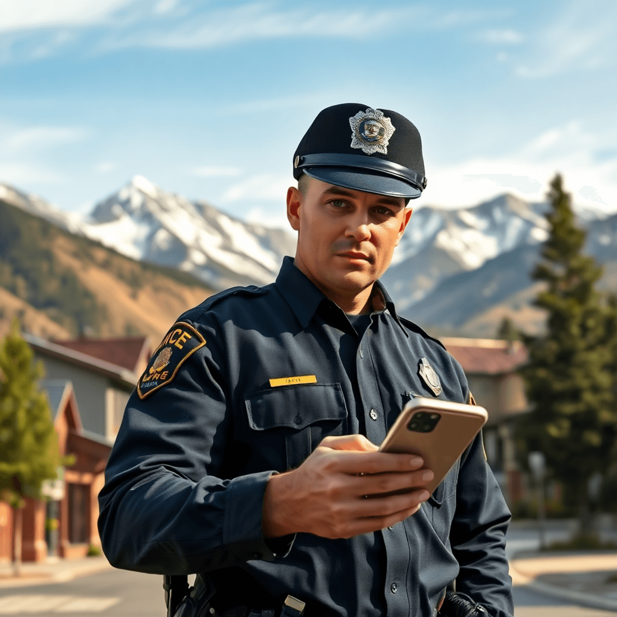 Police officer in a Colorado mountain town holding a glowing smartphone, with mountains and pine trees under a clear sky in the background.