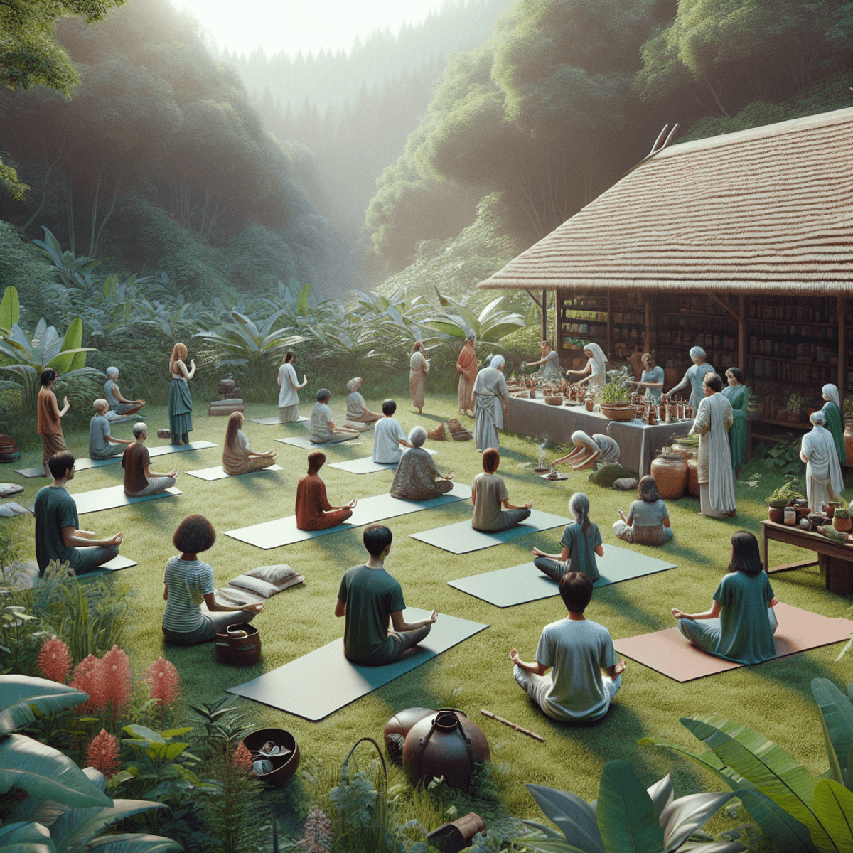 Polycystic Ovarian Syndrome Treatment 8 A diverse group of individuals of Asian and Hispanic descent engaged in an outdoor Ayurveda training session surrounded by lush greenery. Some participants are practicing yoga poses while others are preparing herbal medicines, showcasing community health initiatives and traditional healing methods.