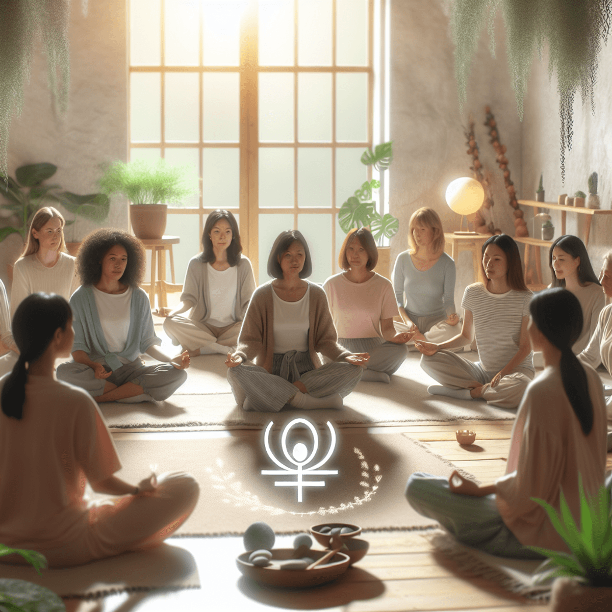 Polycystic Ovarian Syndrome Treatment 7 A diverse group of women from various ethnic backgrounds, including East Asian and Caucasian, engaged in a wellness session focused on holistic approaches to managing Polycystic Ovarian Syndrome (PCOS). The serene setting features natural elements like plants and soft, diffused lighting, fostering a sense of community and empowerment. Symbols like a lotus and an olive tree subtly highlight the themes of wellness and health.