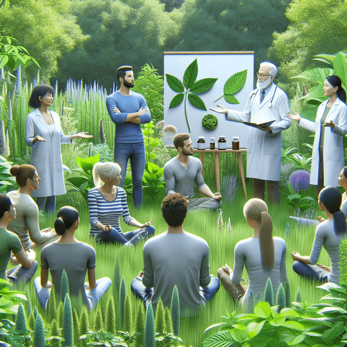 Polycystic Ovarian Syndrome Treatment 3 A diverse group of people, including Caucasian and Hispanic individuals, gathered outdoors in a lush green setting surrounded by various herbal plants. They are engaged in animated discussions, with some holding small jars of herbal supplements and others pointing to different plants. The scene conveys a sense of health and vitality, with bright sunlight filtering through the leaves, creating an inviting atmosphere that emphasizes their connection to nature and natural remedies.