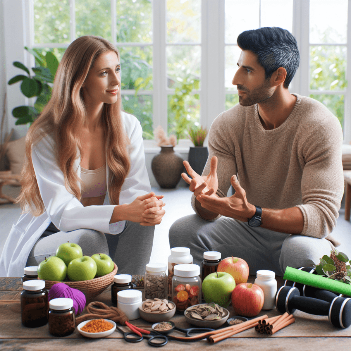Polycystic Ovarian Syndrome Treatment 6 A Caucasian woman and a Hispanic man are seated in a bright, inviting room, engaged in a lively discussion about holistic health. The space is adorned with various herbal supplements and Ayurvedic items, creating a warm atmosphere. Fresh fruits like apples, bananas, and grapes are visible on a table nearby. In the background, exercise tools such as resistance bands, yoga mats, and dumbbells are subtly arranged, emphasizing the theme of balancing lifestyle changes with traditional therapies.