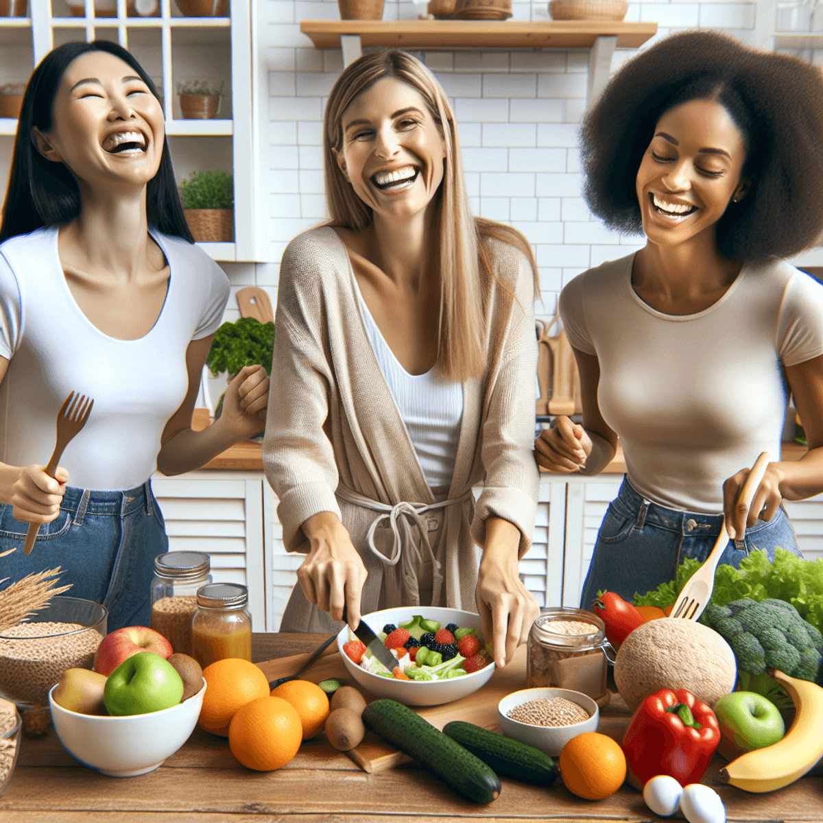 Polycystic Ovarian Syndrome Treatment 4 A Caucasian woman, an Asian woman, and a Hispanic woman joyfully preparing nutritious meals in a brightly lit kitchen, surrounded by a vibrant array of fruits, vegetables, and whole grains, symbolizing a balanced diet beneficial for managing PCOS.