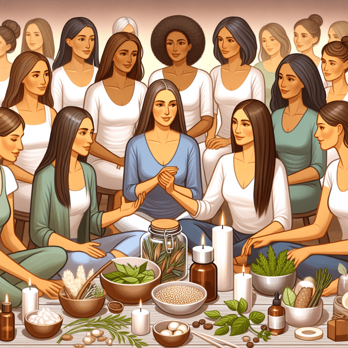 Polycystic Ovarian Syndrome Treatment 2 A serene wellness space featuring herbal remedies, bowls of fresh fruits and vegetables, and calming decor. A diverse group of women, including Caucasian and Hispanic individuals, sit together in a circle, engaged in a supportive discussion about health and wellness. Their expressions are warm and attentive, showcasing a sense of empowerment and camaraderie as they share insights on managing Polycystic Ovary Syndrome (PCOS). The atmosphere is inviting and nurturing, emphasizing collective support for better health.