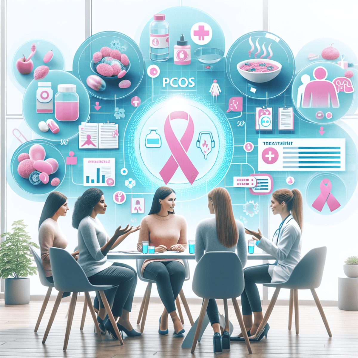 Polycystic Ovarian Syndrome Treatment 5 A bright and welcoming clinic setting with a diverse group of women, including Caucasian and Hispanic individuals, engaged in animated discussions about health and wellness. The atmosphere is lively, with colorful decorations and plants enhancing the space. On a nearby table, healthy meals are displayed alongside symbolic objects representing PCOS awareness, such as a pink ribbon and icons related to health. Supportive health practitioners are present, actively listening and contributing to the conversation, creating an inclusive environment focused on overall well-being.