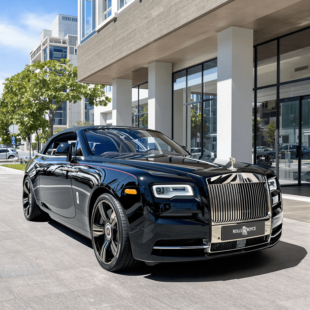 एक चिकनी काली Rolls-Royce La Rose Noire Droptail सुपरकार एक शहरी सेटिंग में पार्क की गई है, जिसमें आधुनिक वास्तुकला और नीले आसमान के बैकड्रॉप के खिलाफ एक हस्तनिर्मित क्रोम ग्रिल है।