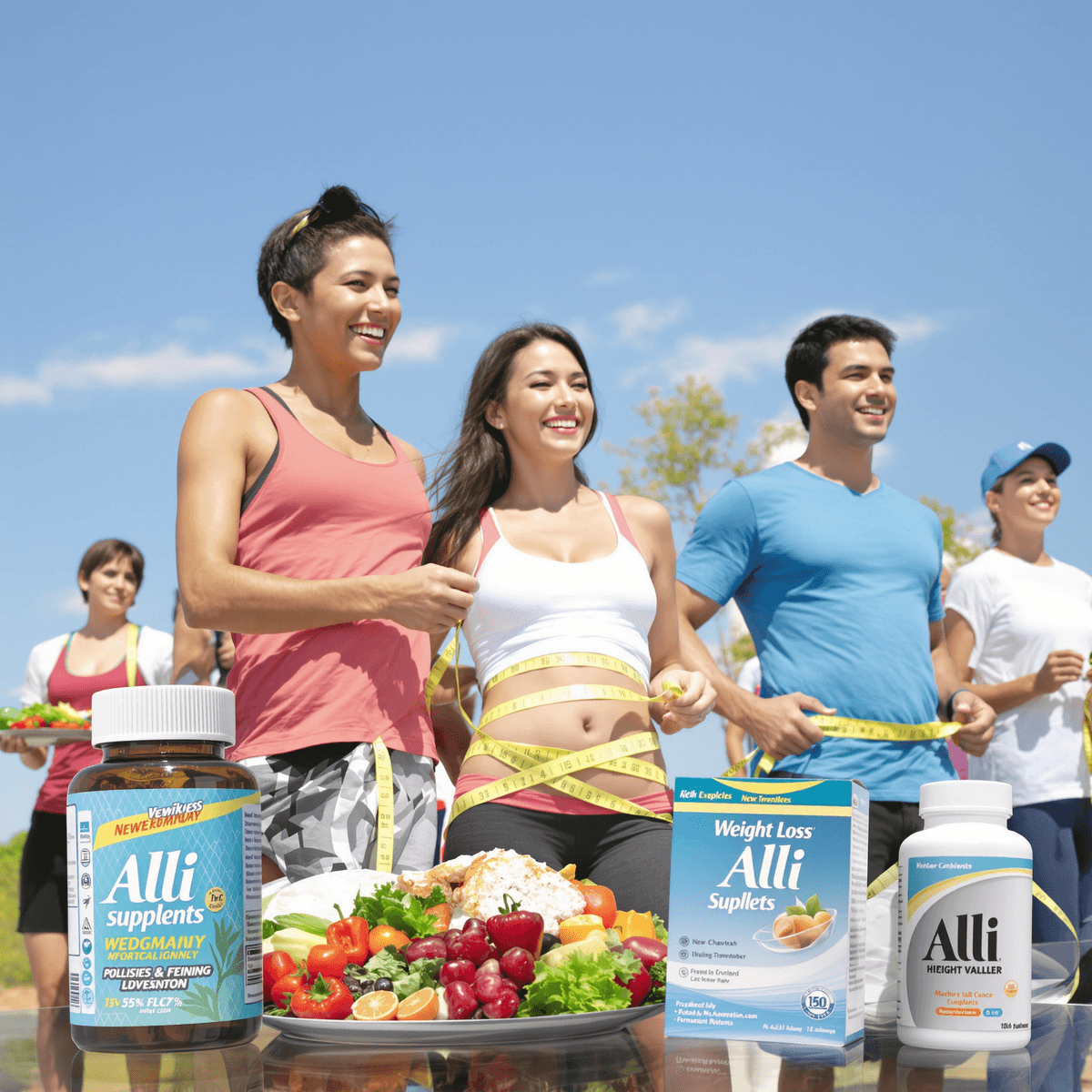 A diverse group of people exercising outdoors, some holding healthy meals and measuring their waistlines, with a scale and Alli supplement in the foreground.