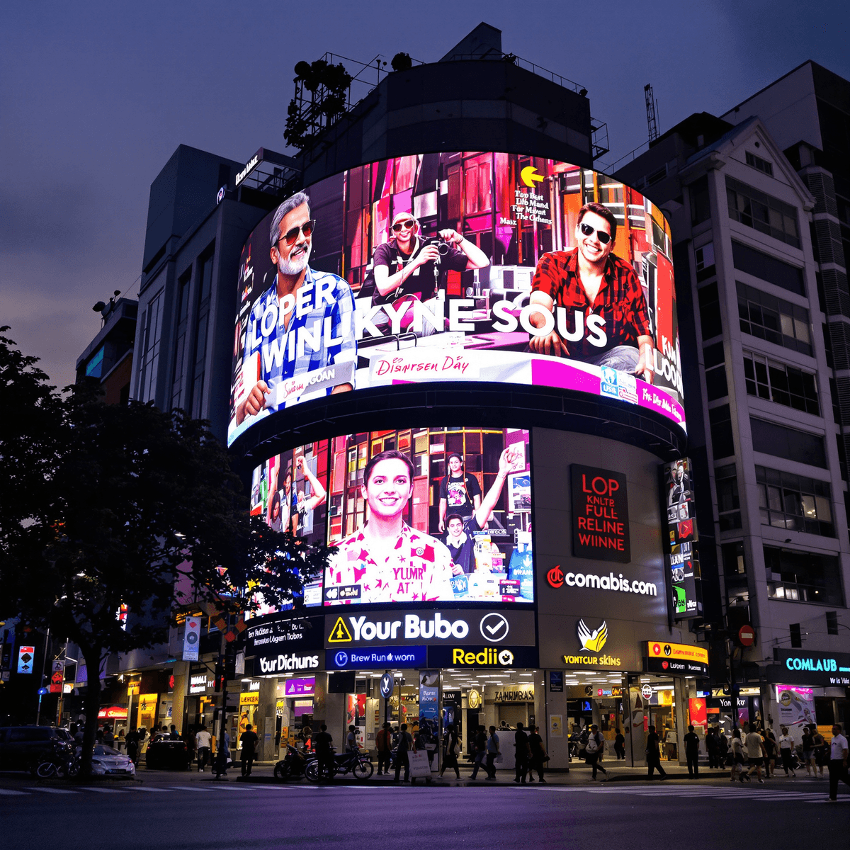 Bustling urban street in Dhaka at dusk with bright LED billboards, modern buildings, and lively city atmosphere.