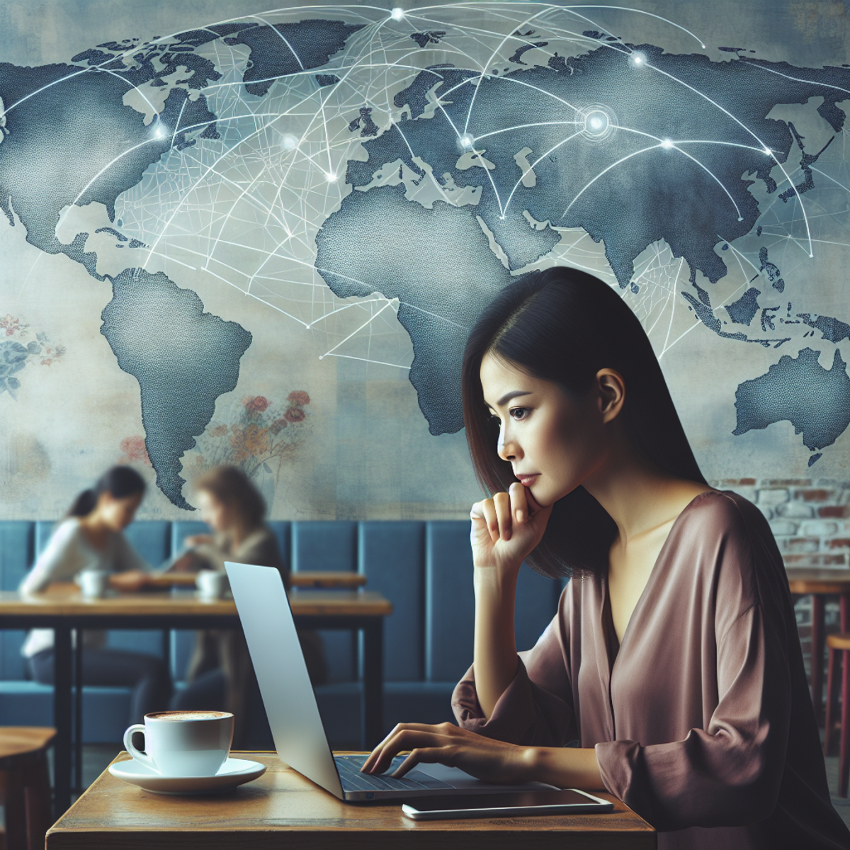 An East Asian woman sitting in a coffee shop, working on a silver laptop with a globe mural in the background, symbolizing global connectivity and remote work.