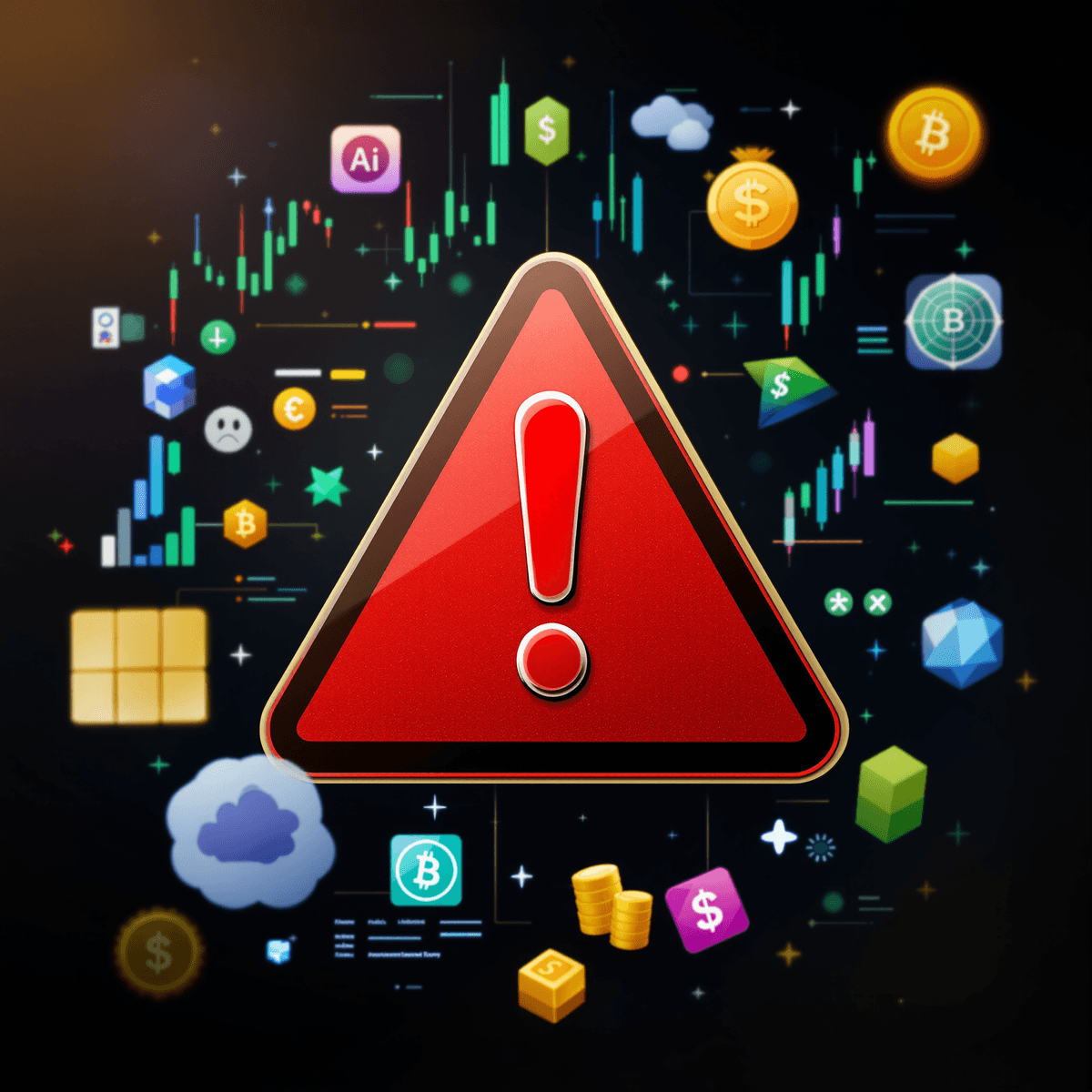 A red warning sign with an exclamation mark, surrounded by trading charts, currency symbols, and gold bars, set against a digital-themed background.
