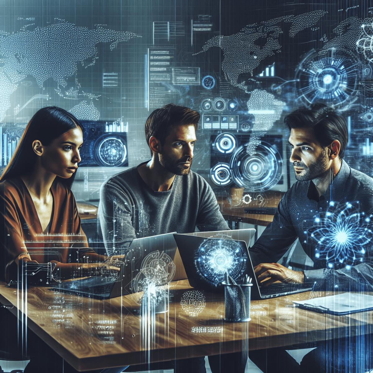 A modern workspace filled with energy, featuring three individuals engaged in a lively technology discussion. A Caucasian woman, an Asian man, and a Hispanic man are seated around a sleek table, each with their laptops open. The screens show abstract symbols and figures related to artificial intelligence, but no legible text is visible. The background hints at digital marketing and blogging, with charts and vague keywords creating a dynamic atmosphere. The focus is on the vibrant interaction among the three individuals, embodying collaboration in a tech-driven environment.