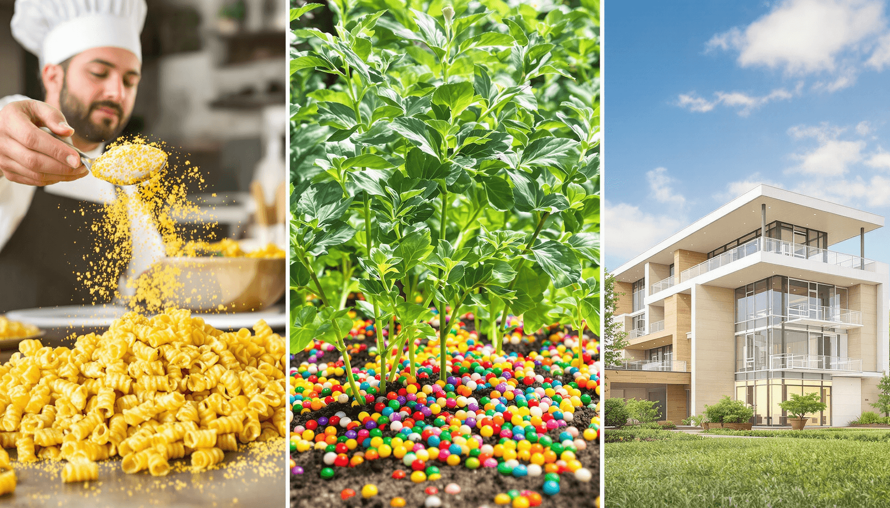 Mannacote 2025 – Innovative Coating You Can Rely On 2 Split image: chef seasoning pasta, green plants with fertilizer granules in soil, and a modern eco-friendly building made from natural materials.