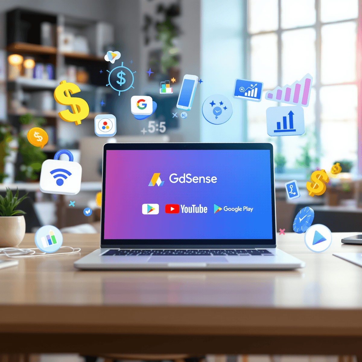 أفضل طرق تحقيق الربح للمبتدئين و طرق الربح من الانترنت عبرGoogle في 2025 مكتب منزلي حديث مع لابتوب يعرض أيقونات خدمات جوجل، محاطاً بعلامات الدولار والرسوم البيانية، مضاء بإضاءة زاهية ومتفائلة.