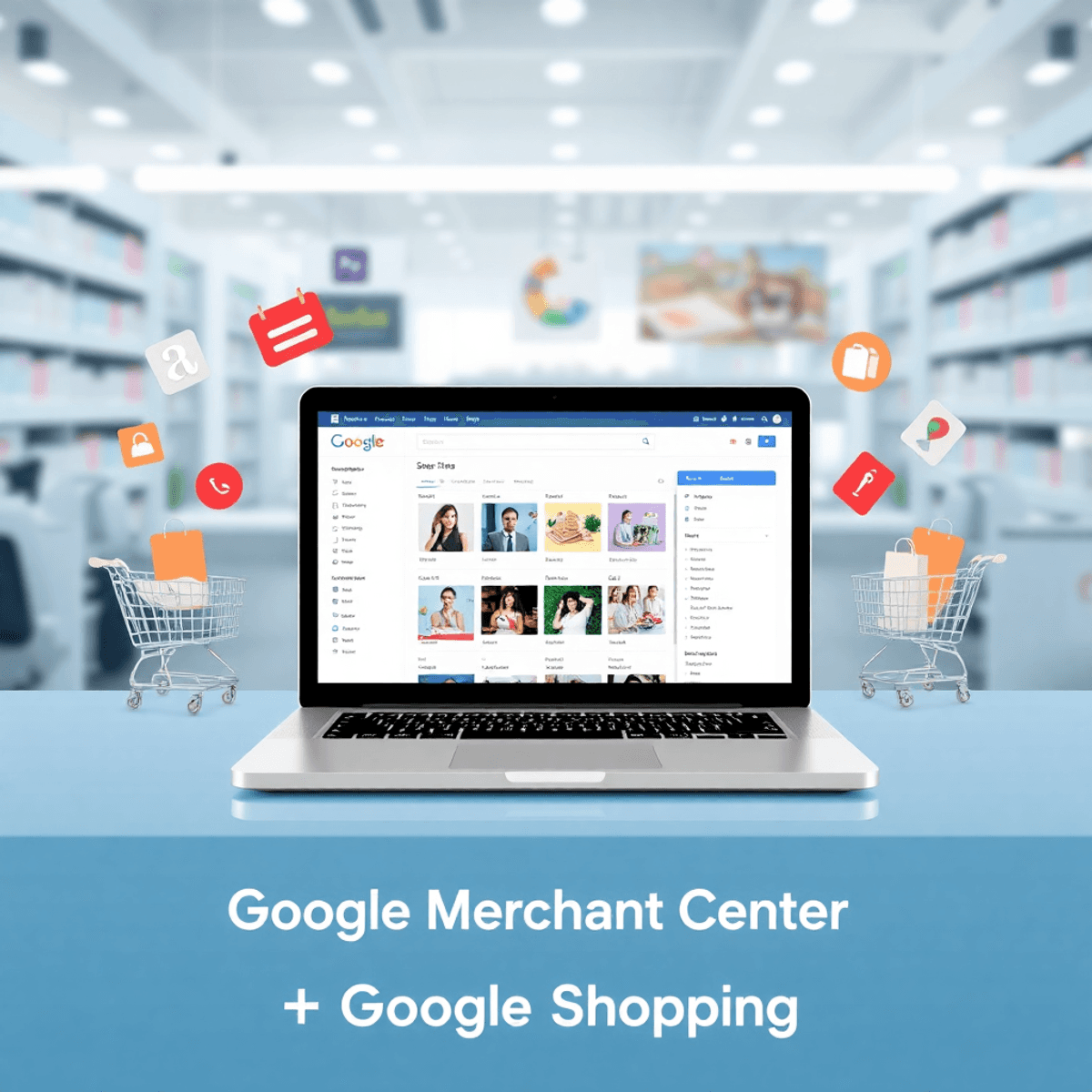 Google Merchant Center وGoogle Shopping: تسويق المنتجات وزيادة المبيعات و أرباحك مشهد سوق رقمي حديث مع لابتوب يعرض لوحة تحكم متجر إلكتروني وأيقونات تسوق مثل عربات التسوق وعلامات الأسعار بتصميم أنيق وواقعي.