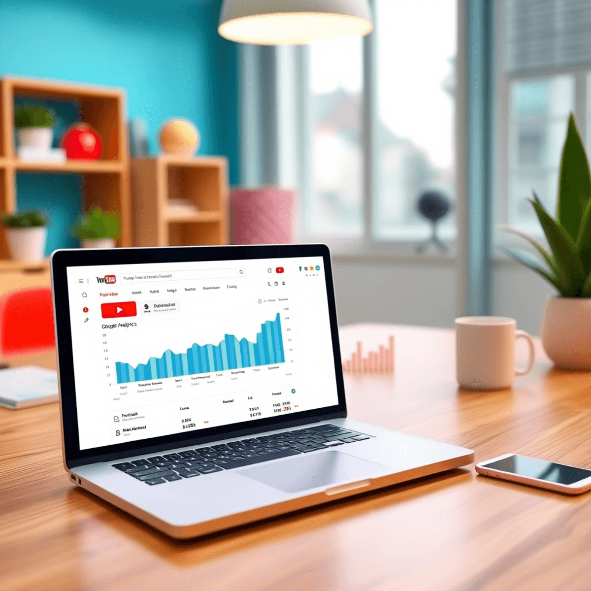 الربح عبر YouTube: إنشاء قناة ناجحة وتحقيق ربح عن طريق الانترنت مساحة عمل رقمية حديثة مع لابتوب يعرض تحليلات يوتيوب وجوجل مع رسوم بيانية للنمو والإيرادات، تعكس نجاح إنشاء المحتوى وتحقيق الدخل في 2025.